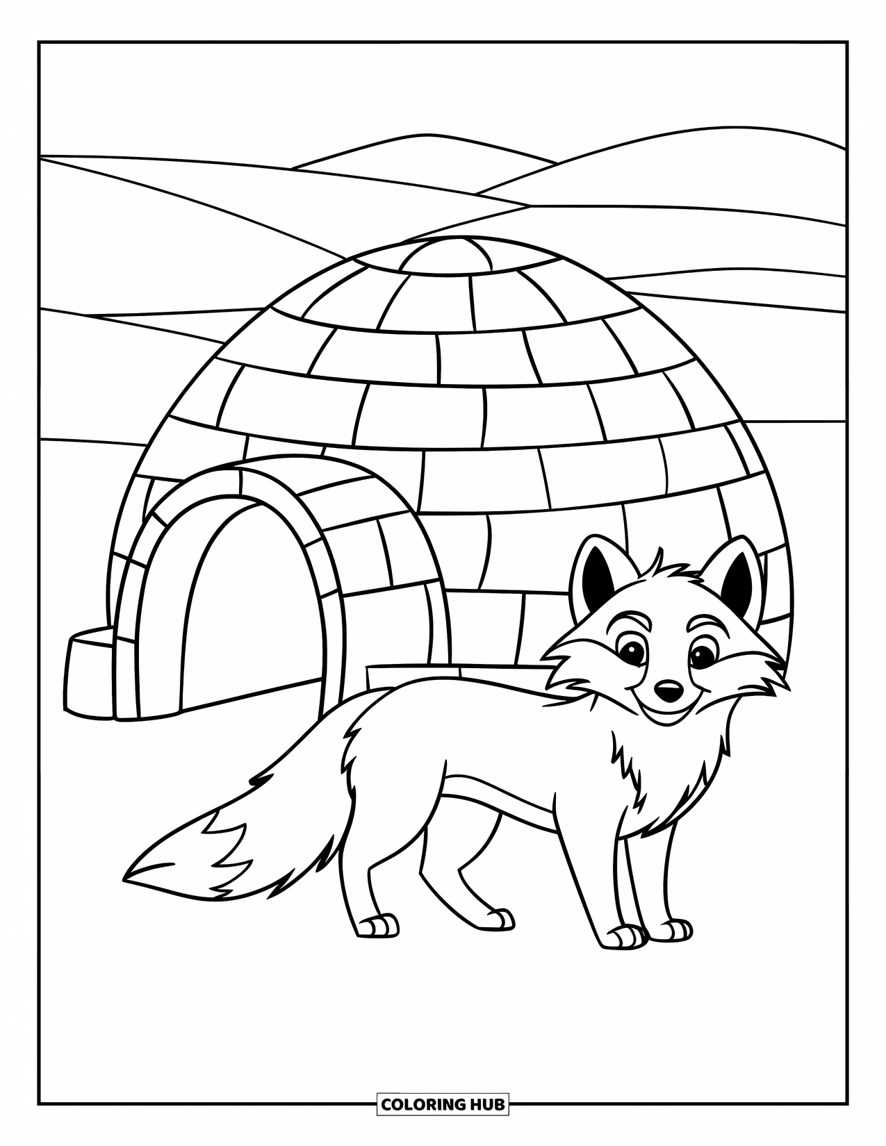 Arctic Coloring Page for Kids: An Arctic fox stands beside an igloo under snowy hills