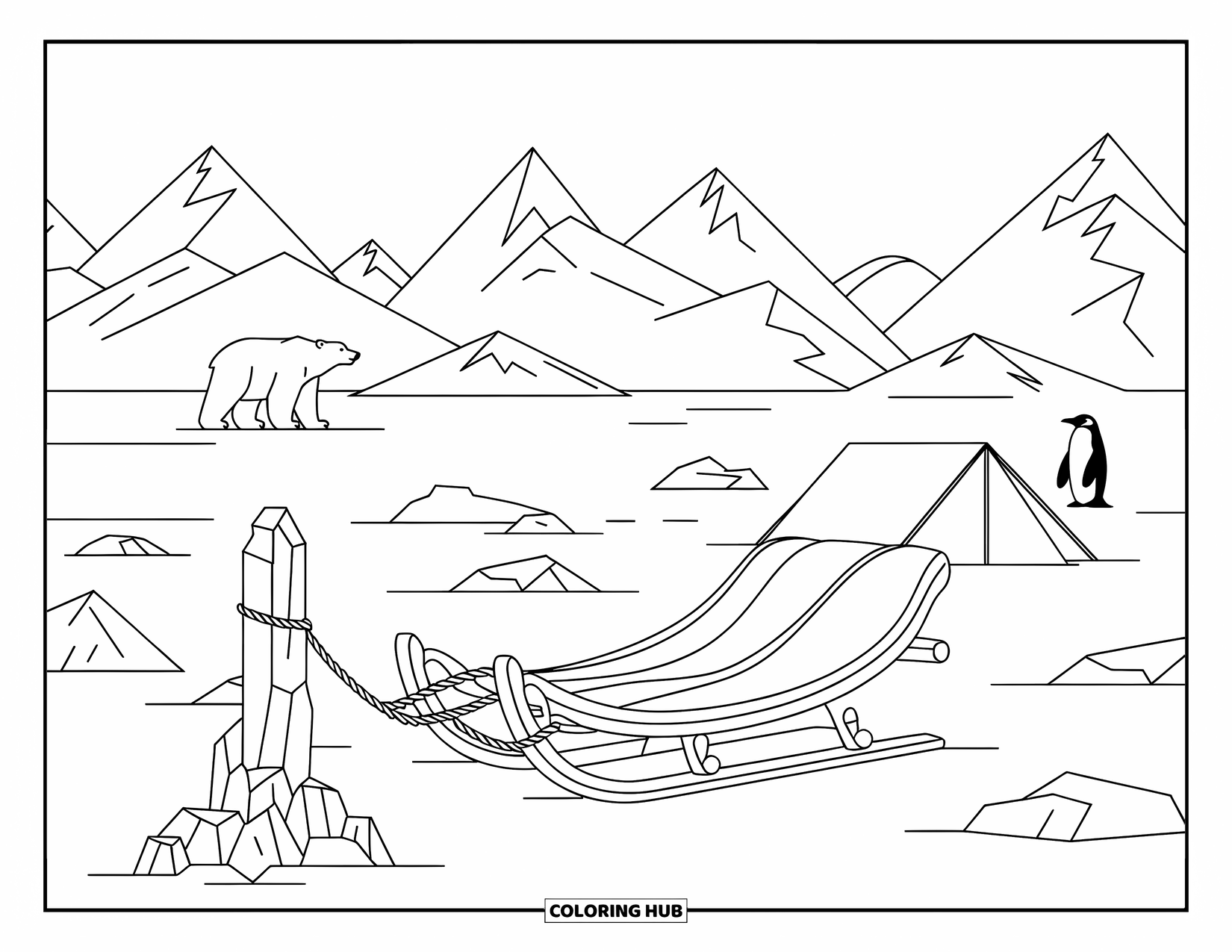 Arctic Coloring Page for Kids: An explorer's sled rests near snowy mountains with distant wildlife