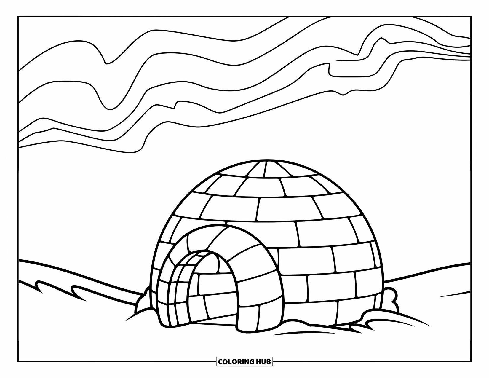 Arctic Coloring Page for Kids: An igloo glows beneath playful auroras in a snowy landscape