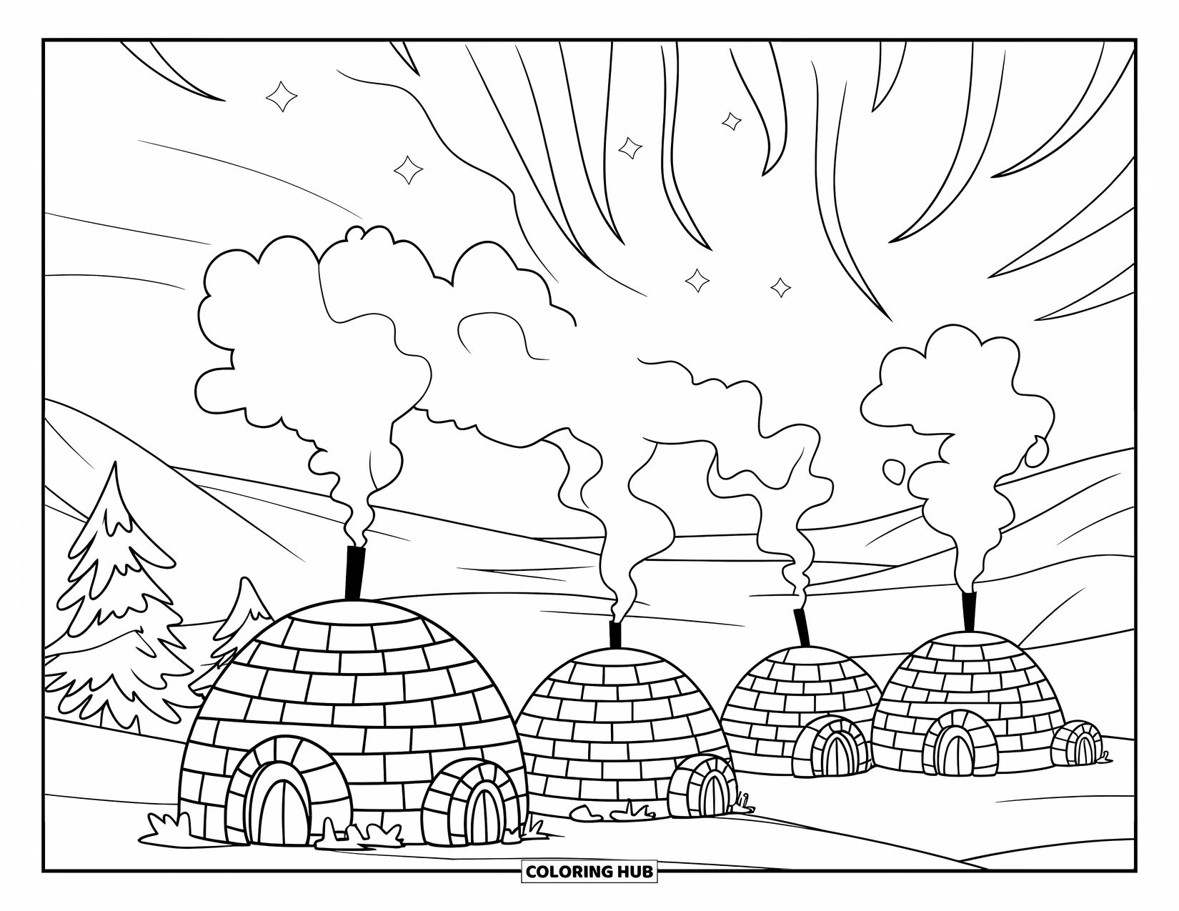 Arctic Coloring Page for Kids: An igloo village glows beneath the Northern Lights and snowy hills