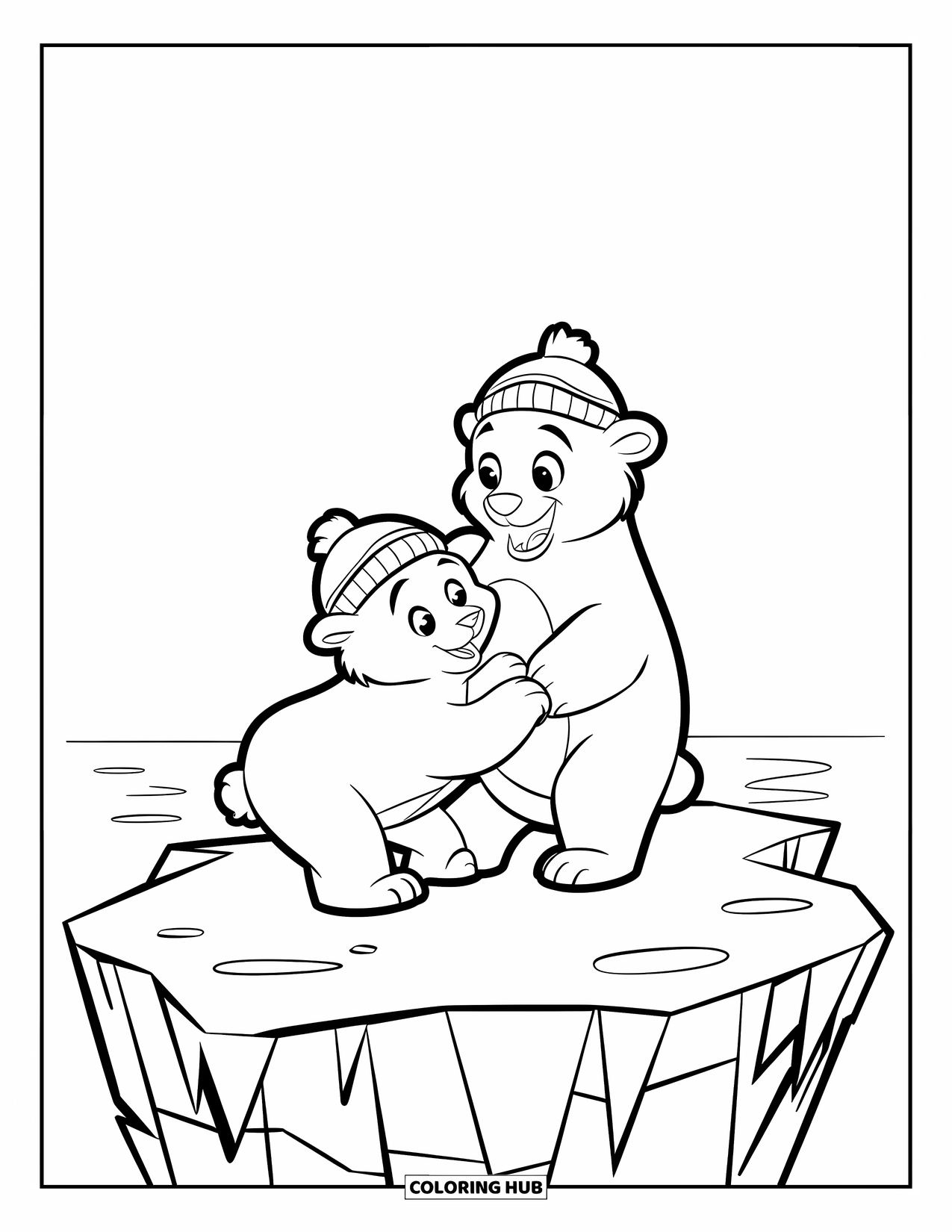 Arctic Coloring Page for Kids: Two playful polar bears wearing hats sit atop an iceberg