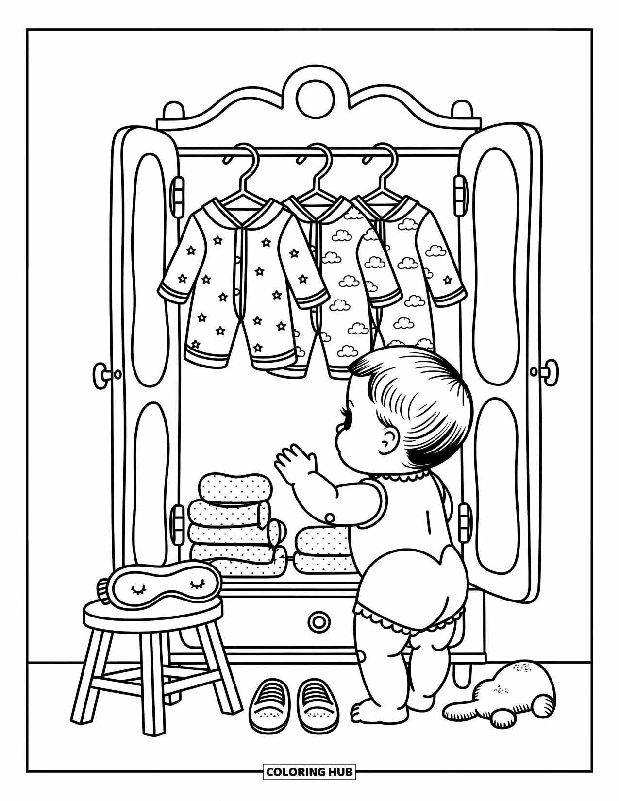 Baby Doll Coloring Page for Adults: A baby doll chooses pajamas from her tiny wardrobe filled with cute prints