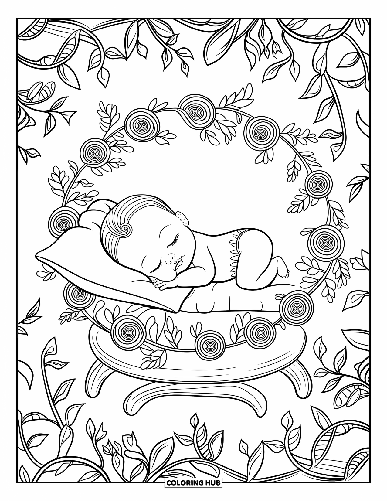 Baby Doll Coloring Page for Adults: A baby doll dreams on her pillow amid elegant botanical spirals