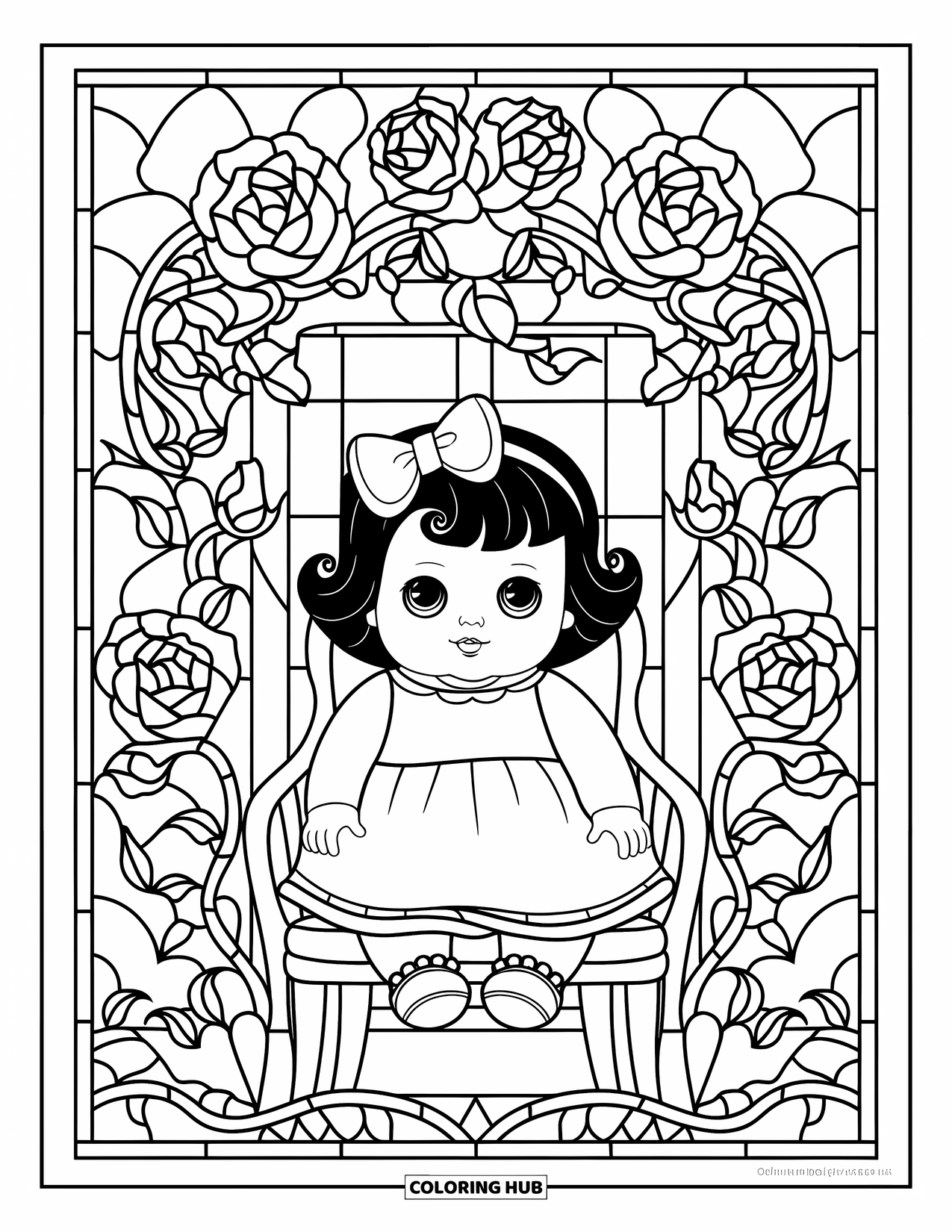 Baby Doll Coloring Page for Adults: A baby doll in a chair is framed by stained glass roses and leaves