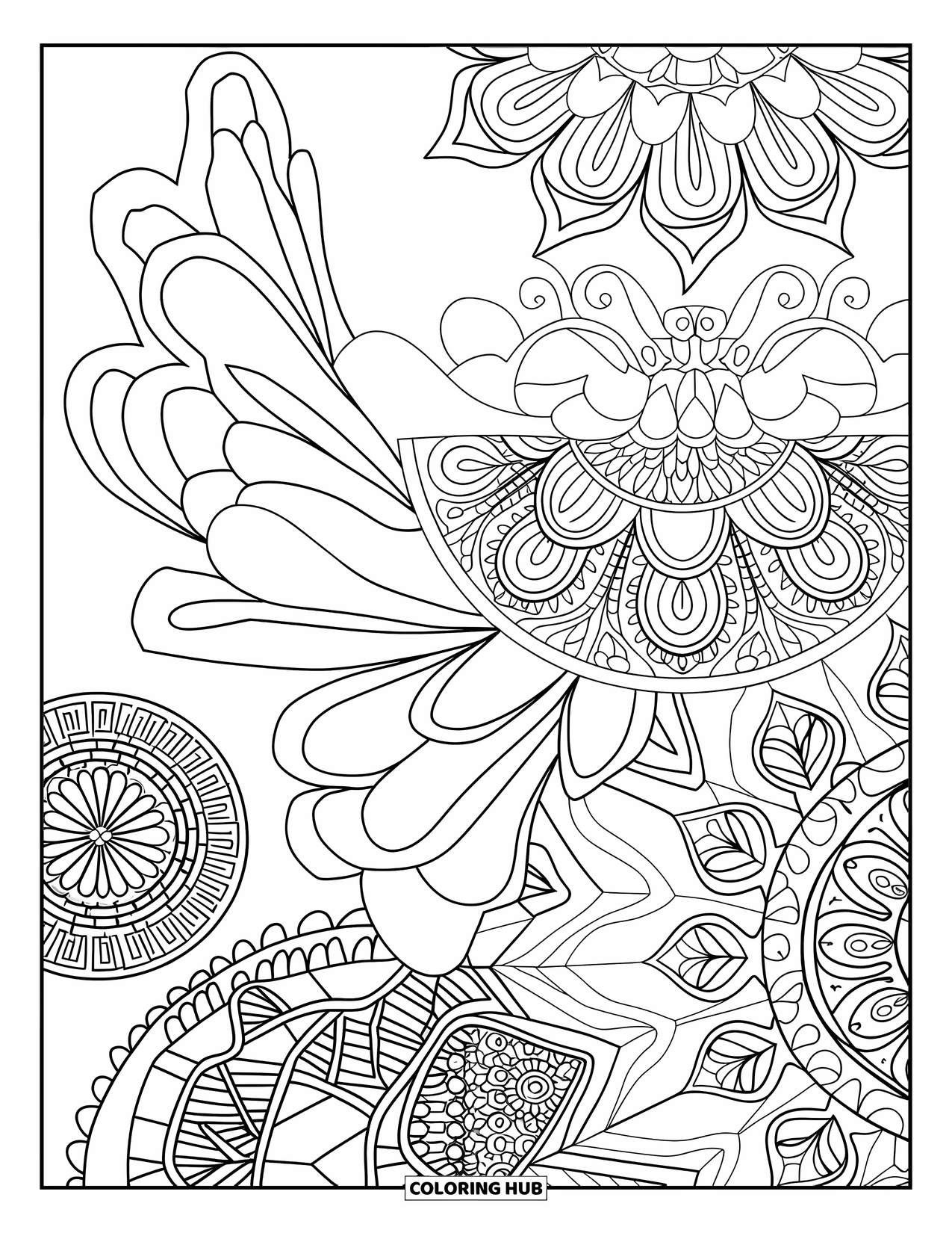 Baby Doll Coloring Page for Adults: A baby doll lies in a crib beneath an archway of floral stained glass