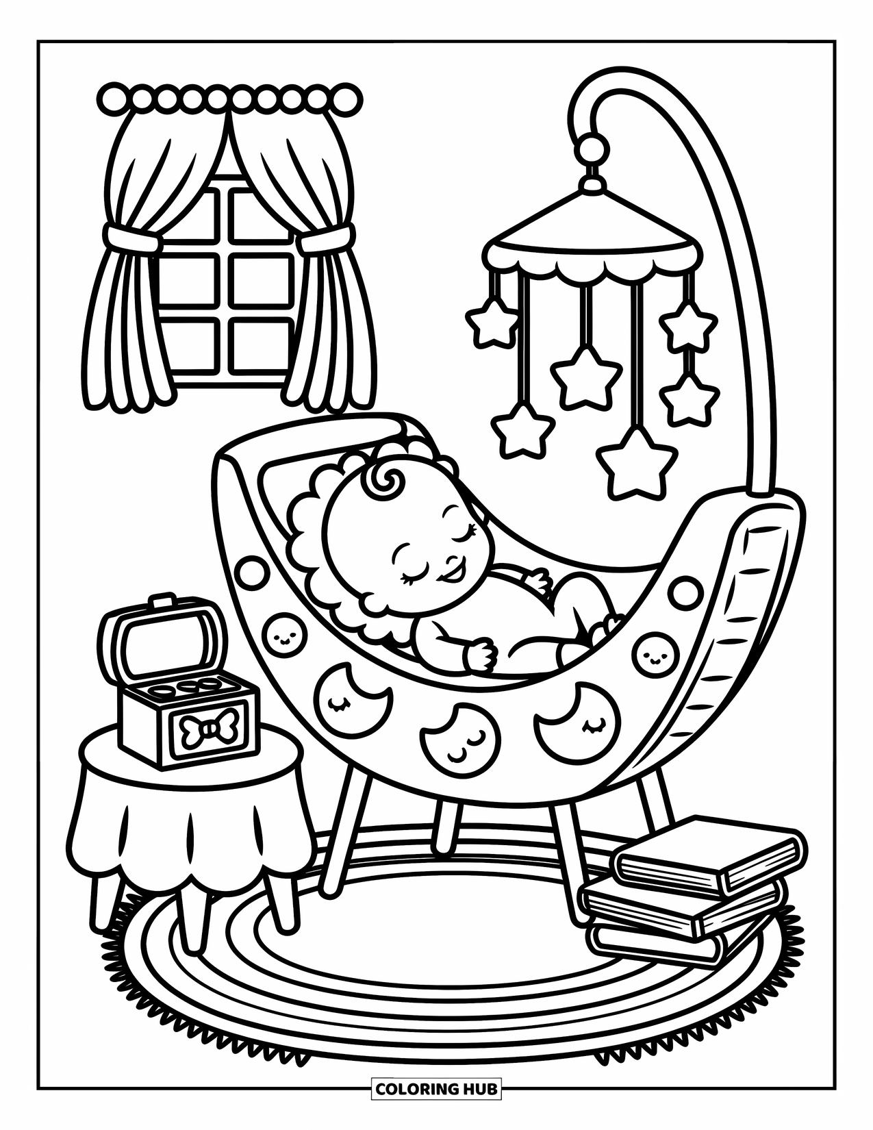 Baby Doll Coloring Page for Adults: A baby doll naps quietly in her cradle surrounded by stars and storybooks