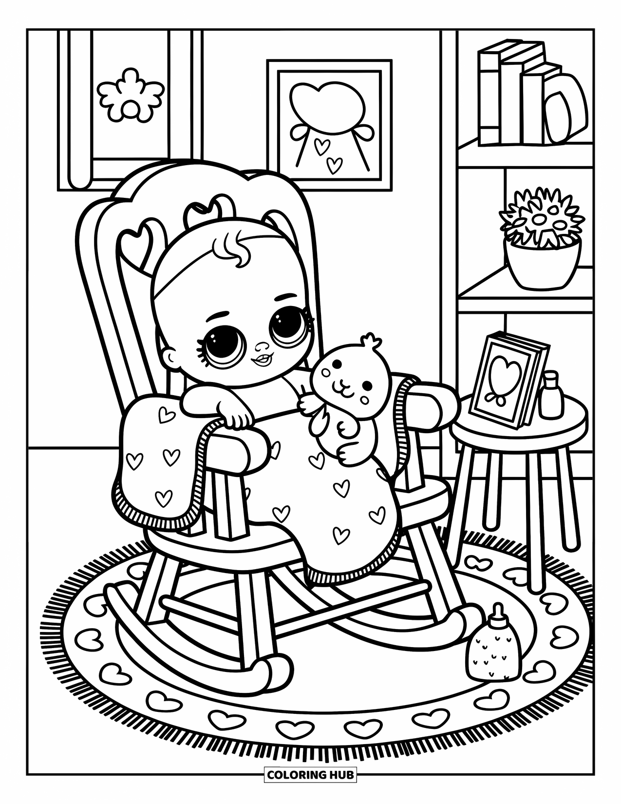 Baby Doll Coloring Page for Adults: A baby doll rocks gently with her plush friend in a cozy, decorated room