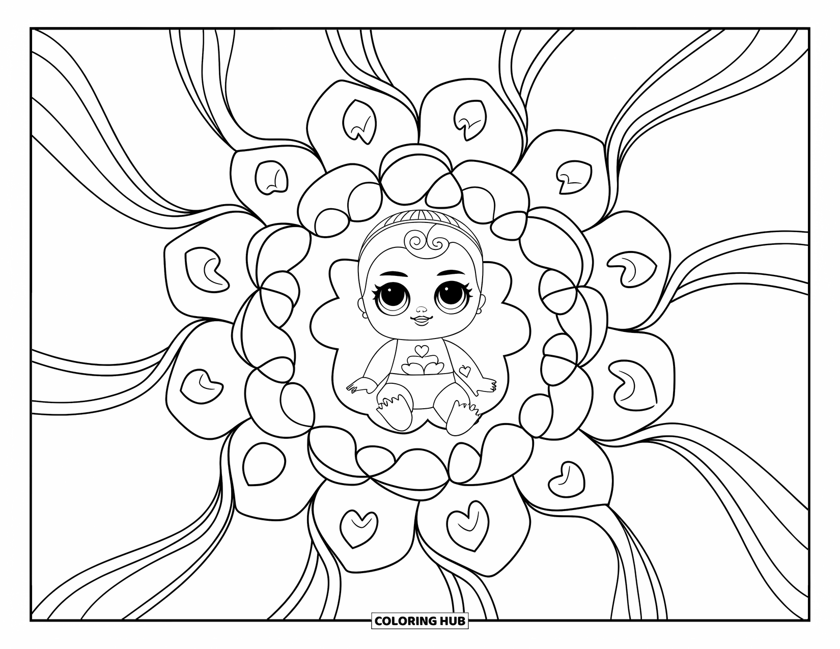 Baby Doll Coloring Page for Adults: A baby doll sits at the center of a heart-patterned mandala with soft curves