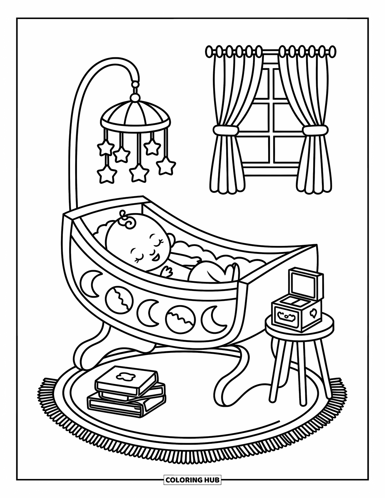 Baby Doll Coloring Page for Adults: A baby doll sleeps in her cradle under a gentle mobile of moons and stars
