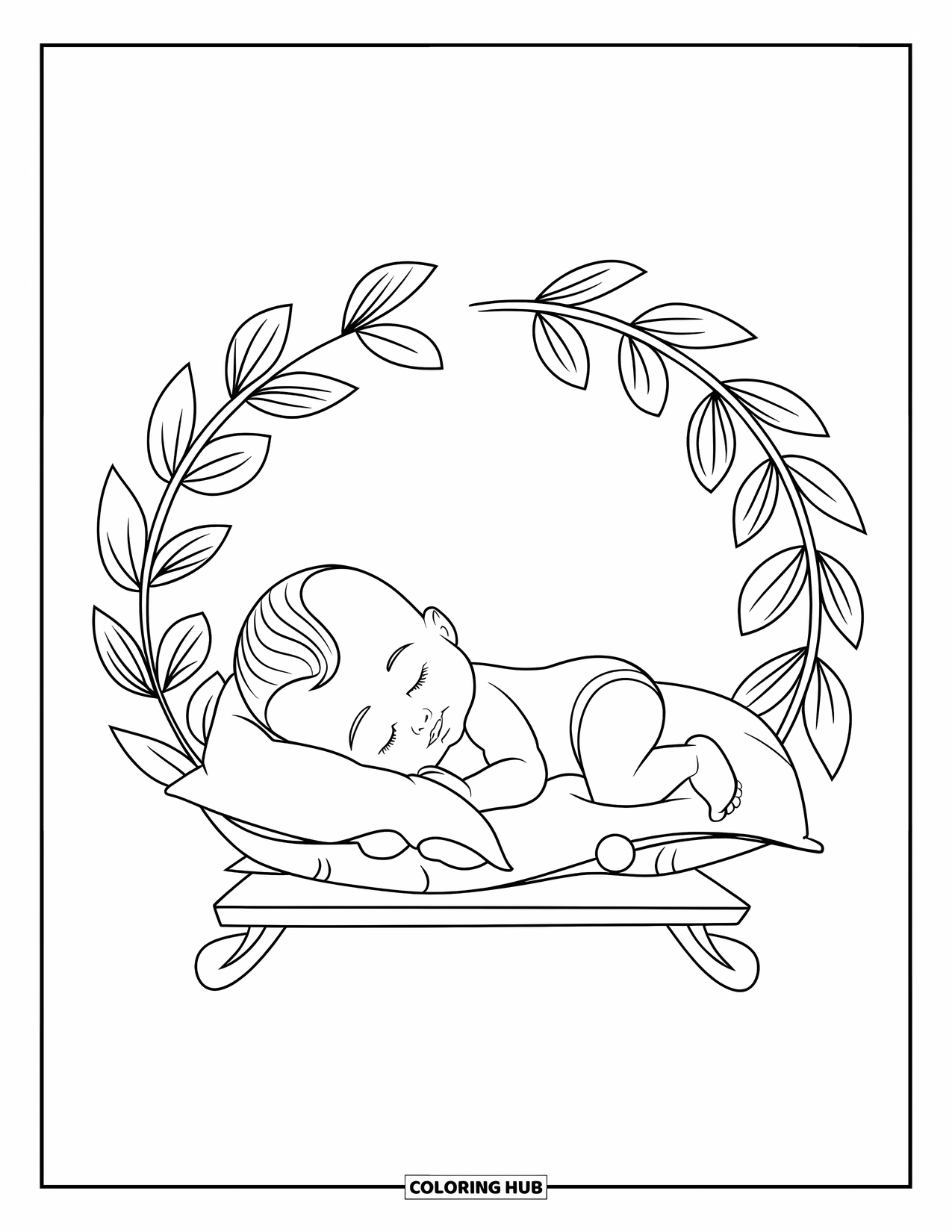 Baby Doll Coloring Page for Adults: A baby doll sleeps on a pillow surrounded by swirling botanical spirals