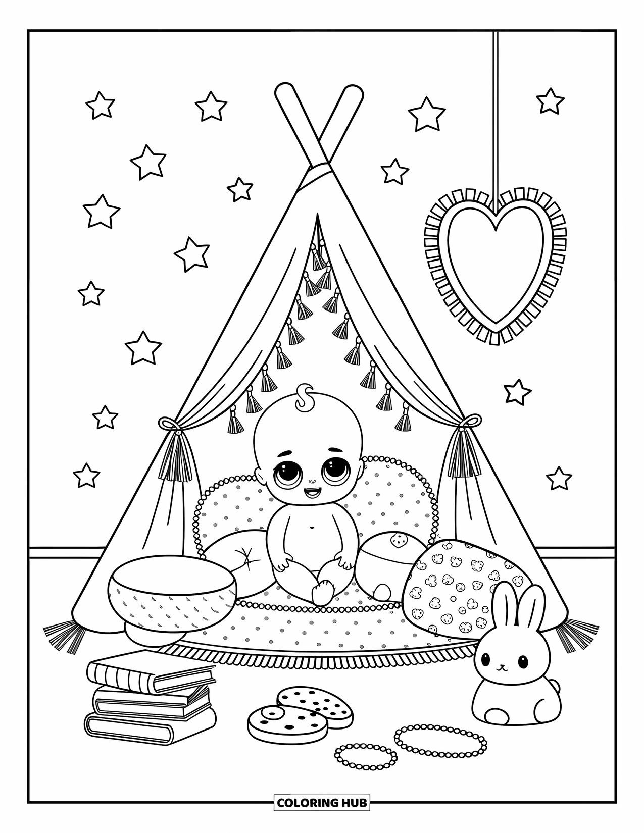 Baby Doll Coloring Page for Adults: A baby doll smiles in her cozy tent surrounded by plushies and glowing lights