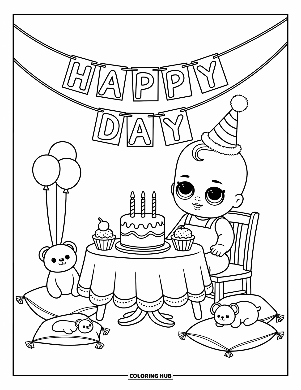 Baby Doll Coloring Page for Adults: A baby doll smiles in her party hat beside her plushies and toy cupcakes