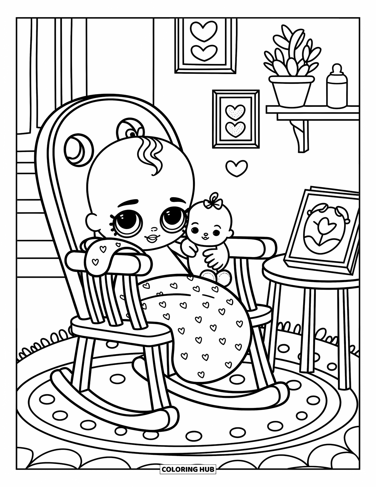 Baby Doll Coloring Page for Adults: A baby doll smiles in her rocking chair with her toy and storybook nearby