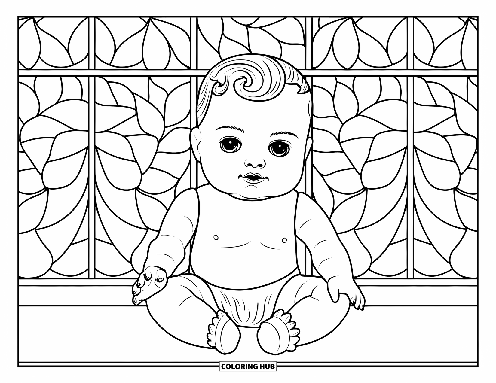 Baby Doll Coloring Page for Adults: A vintage baby doll sits quietly before a leaf-patterned stained glass window