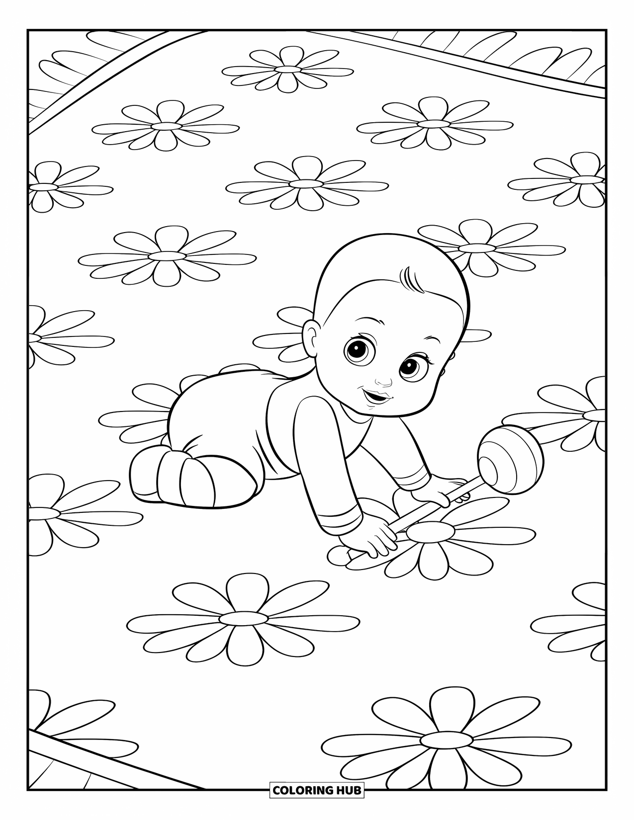Baby Doll Coloring Page for Kids: A baby doll crawls across a rug holding her little rattle