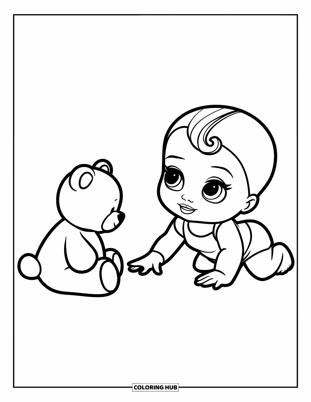 Baby Doll Coloring Page for Kids: A baby doll crawls across the floor toward her smiling teddy bear