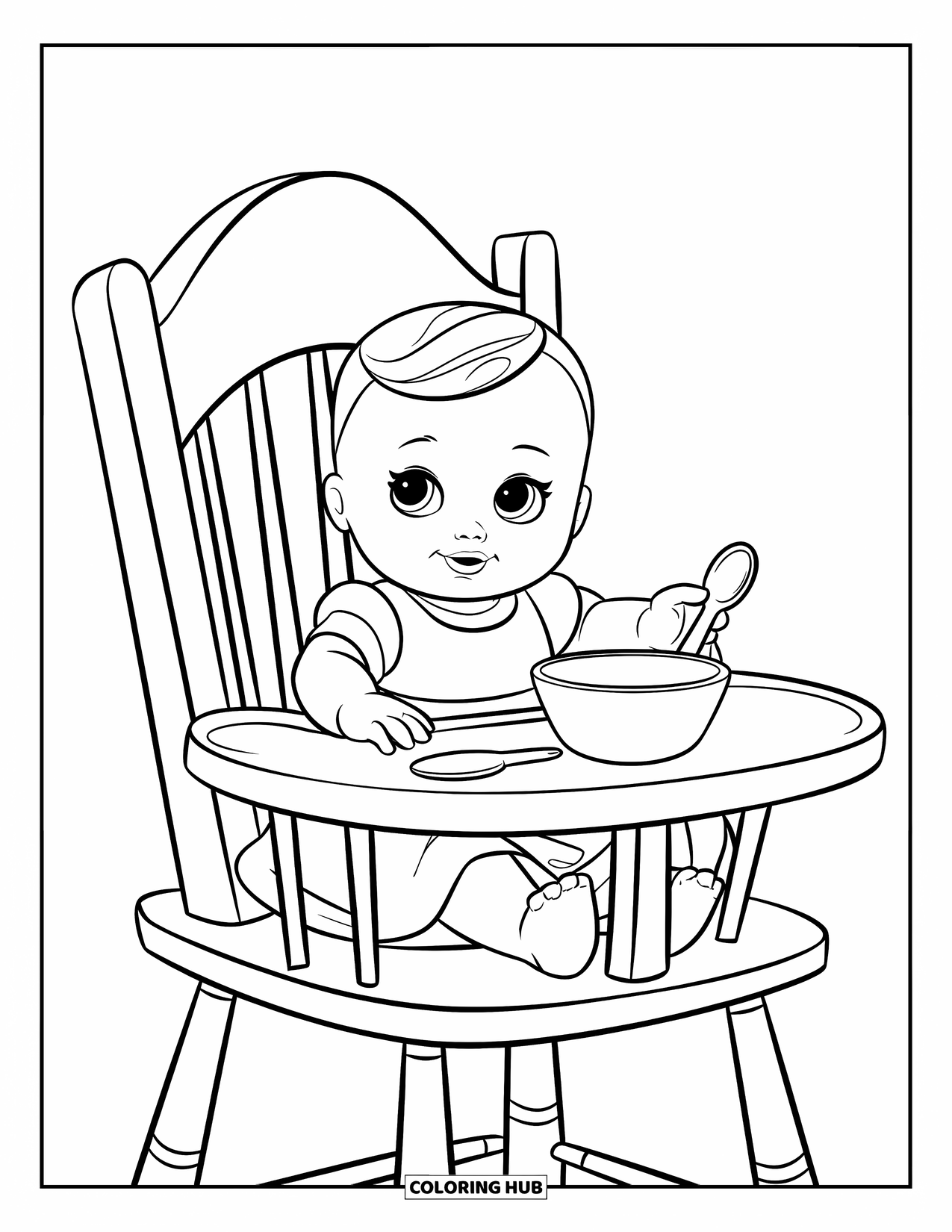 Baby Doll Coloring Page for Kids: A baby doll eats from her bowl while sitting in a wooden high chair