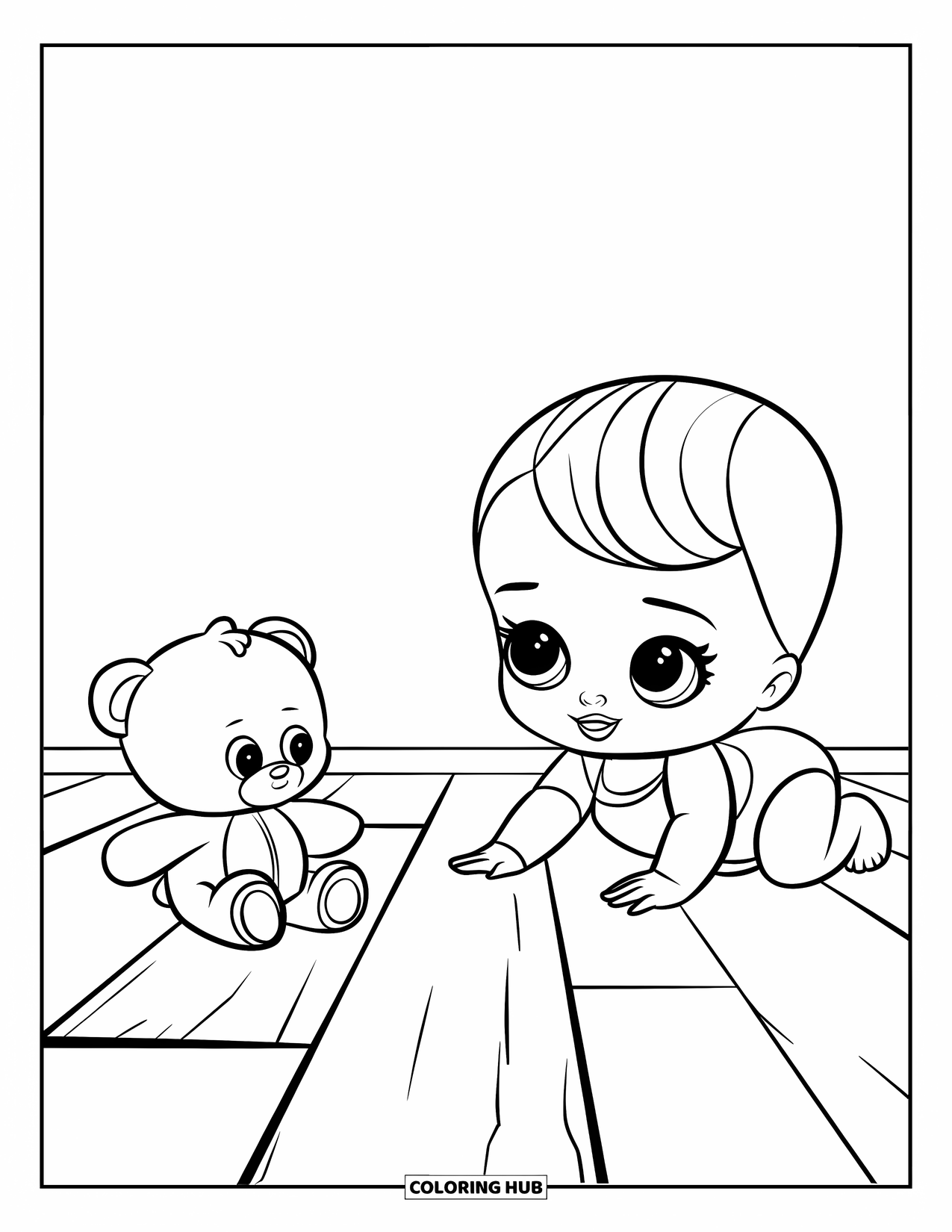 Baby Doll Coloring Page for Kids: A baby doll giggles while crawling toward her teddy bear friend