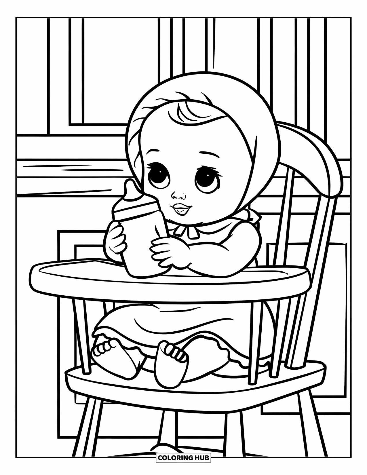 Baby Doll Coloring Page for Kids: A baby doll holds her bottle while sitting in her cozy high chair