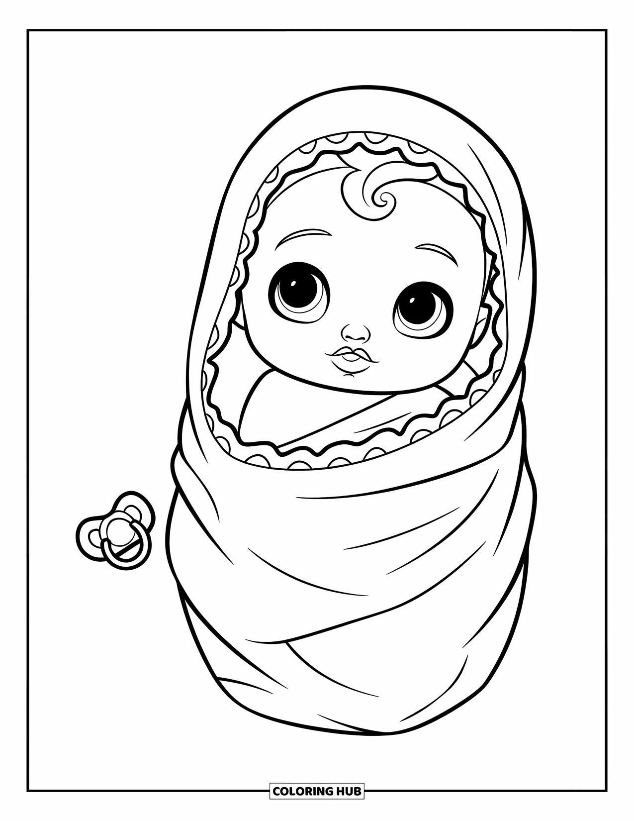 Baby Doll Coloring Page for Kids: A baby doll lies bundled in her blanket with her pacifier beside her