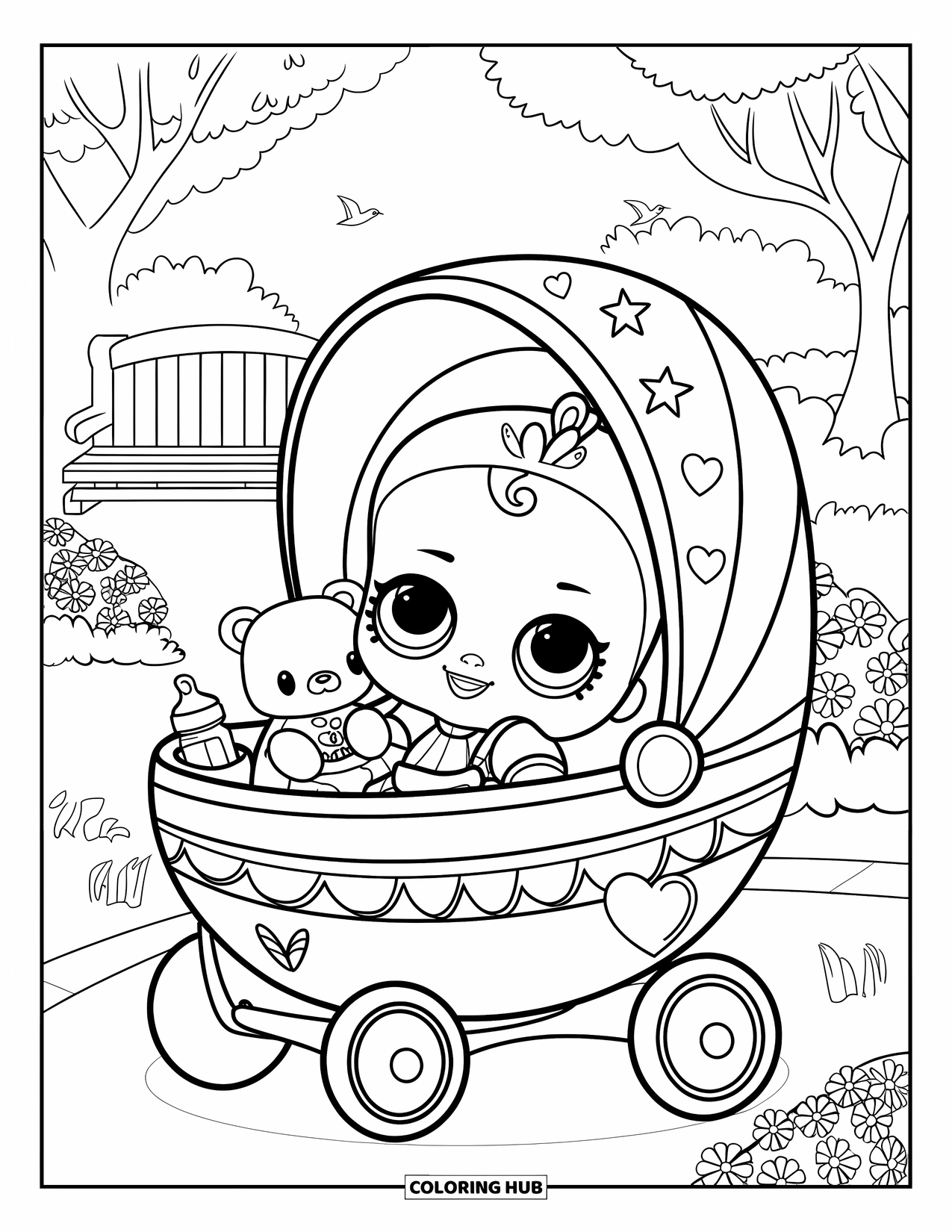 Baby Doll Coloring Page for Kids: A baby doll rests in a stroller with her bottle surrounded by trees and flowers