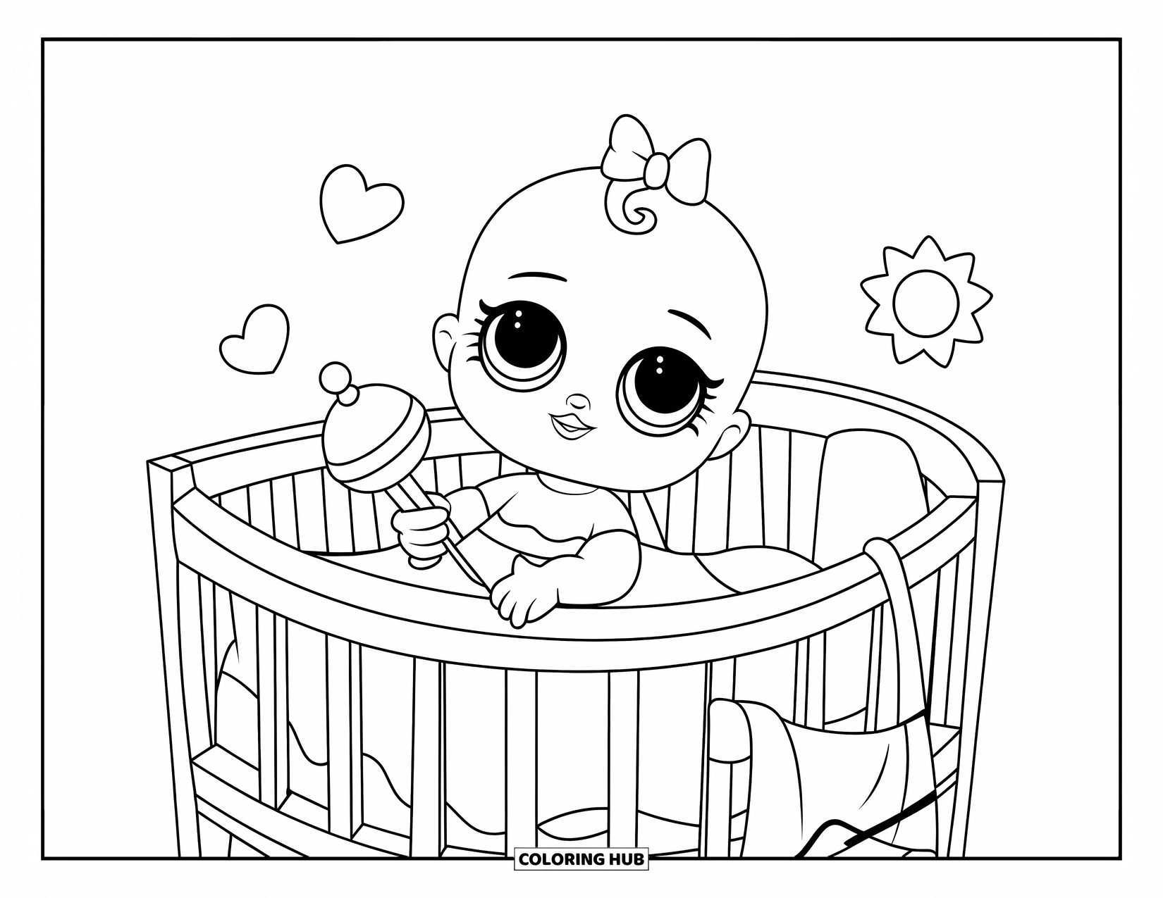 Baby Doll Coloring Page for Kids: A baby doll rests in her crib surrounded by toys, hearts, and a soft blanket