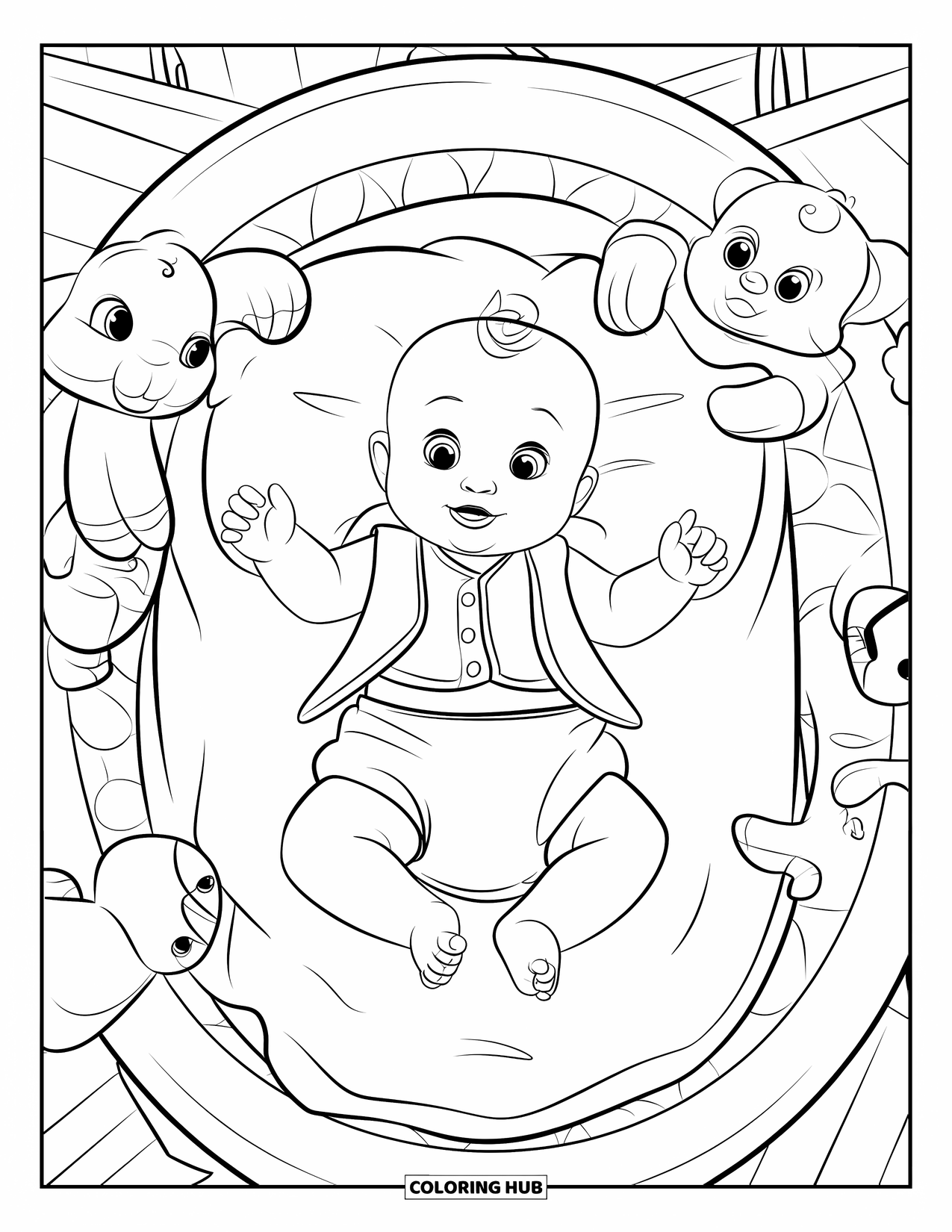 Baby Doll Coloring Page for Kids: A baby doll sleeps in her cozy bassinet surrounded by her favorite plushies