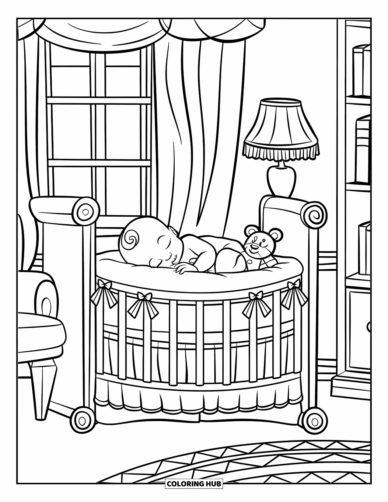 Baby Doll Coloring Page for Kids: A baby doll sleeps with her plush bear under the window light
