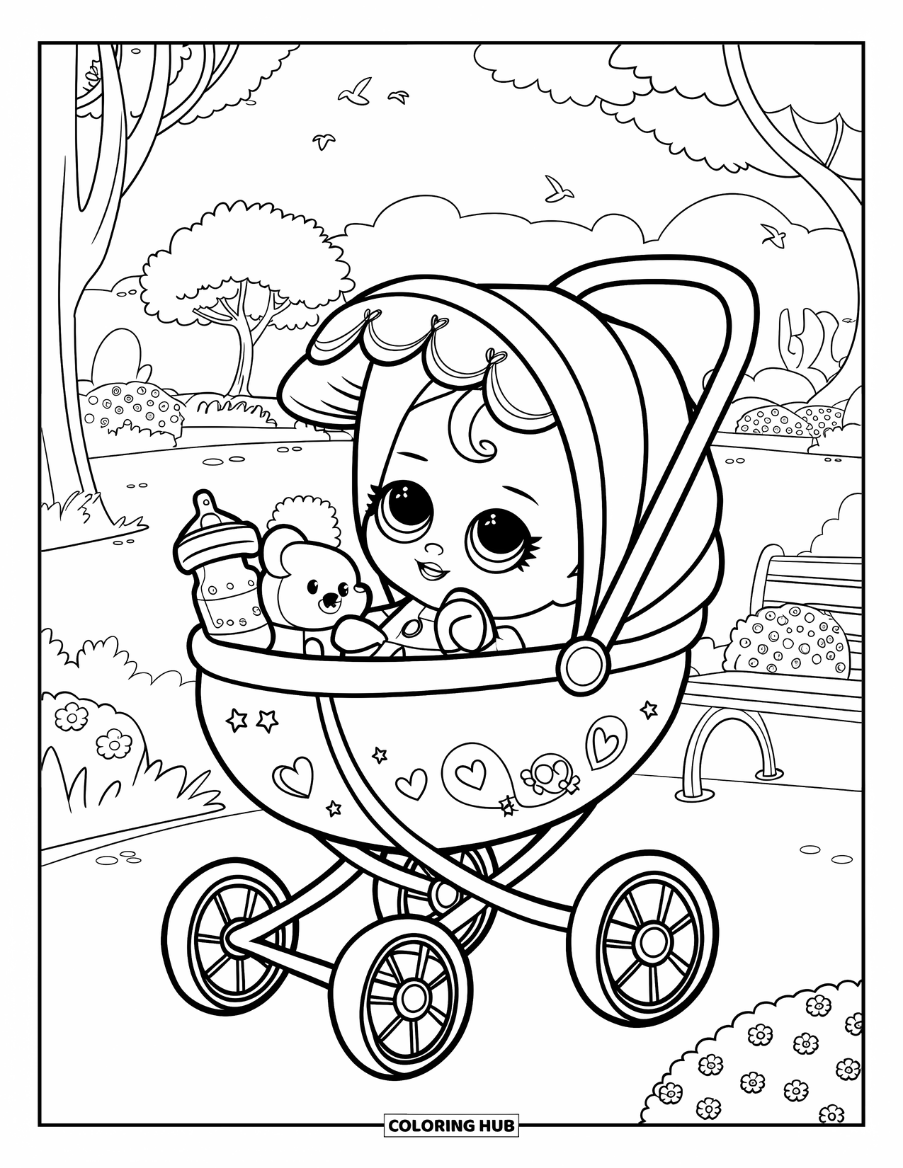 Baby Doll Coloring Page for Kids: A baby doll smiles from her heart-decorated stroller with her bear and bottle