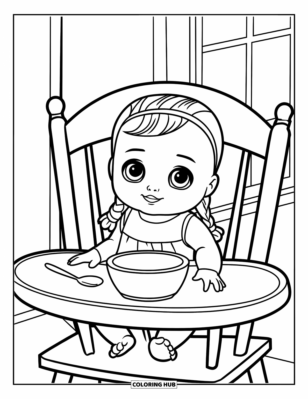 Baby Doll Coloring Page for Kids: A baby doll smiles in her high chair beside a small bowl and spoon