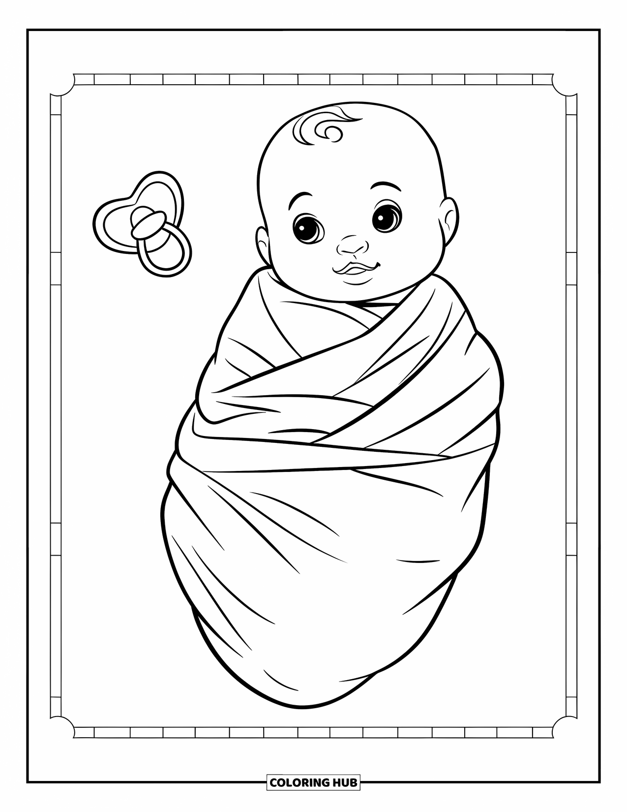 Baby Doll Coloring Page for Kids: A baby doll swaddled in a blanket rests beside her pacifier
