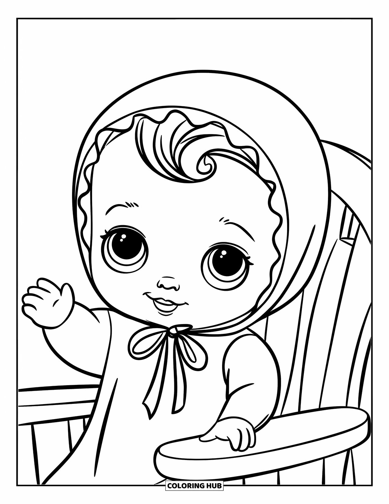 Baby Doll Coloring Page for Kids: A baby doll waves gently while sitting in her wooden chair