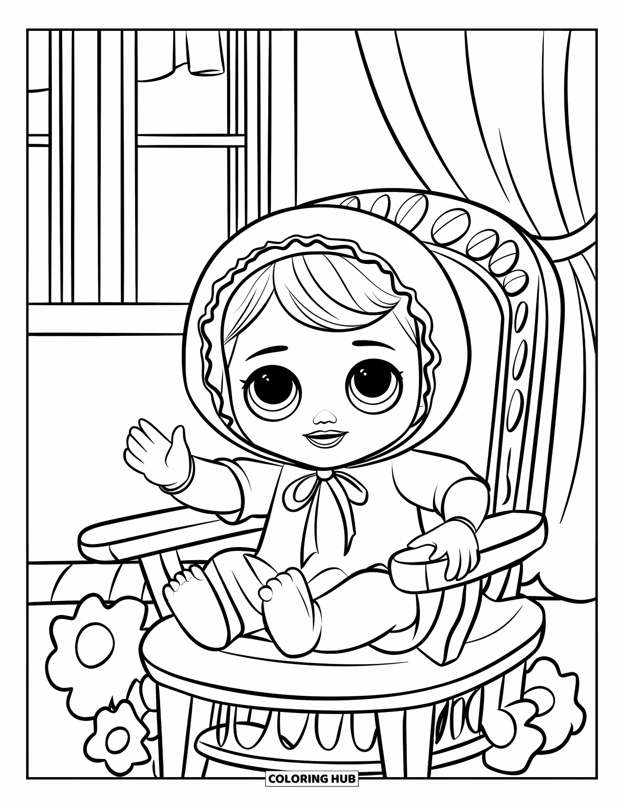 Baby Doll Coloring Page for Kids: A baby doll waves sweetly while sitting in a chair wearing her bonnet