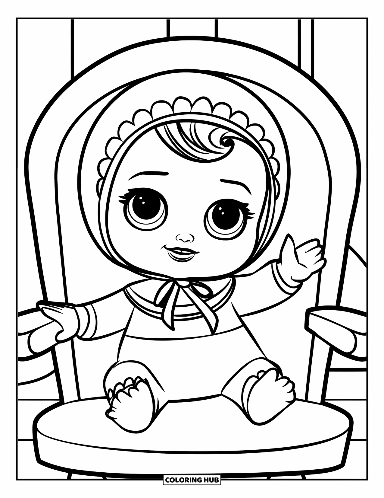 Baby Doll Coloring Page for Kids: A baby doll wearing a bonnet waves with a bright, happy face