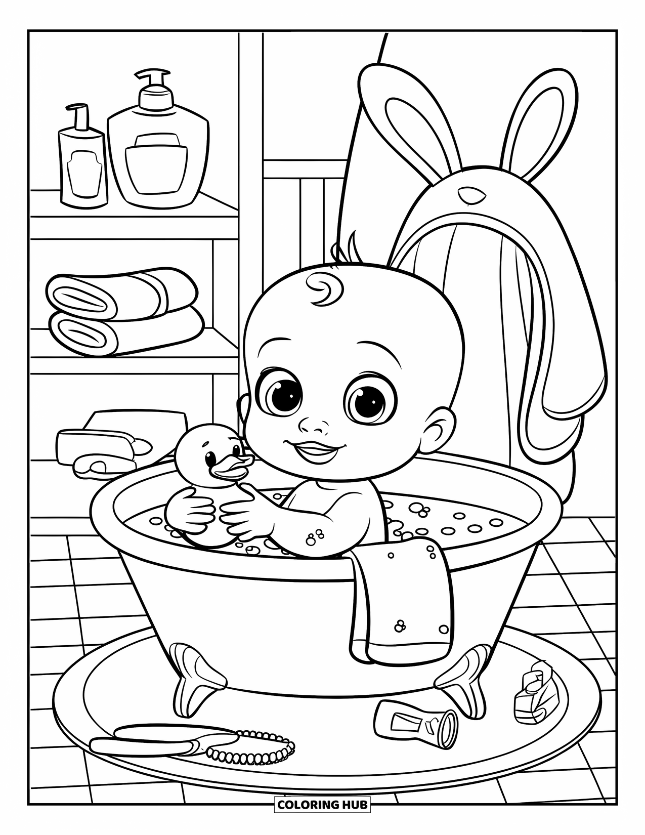 Baby Doll Coloring Page for Kids: A baby splashes joyfully in a tub full of bubbles and bath toys