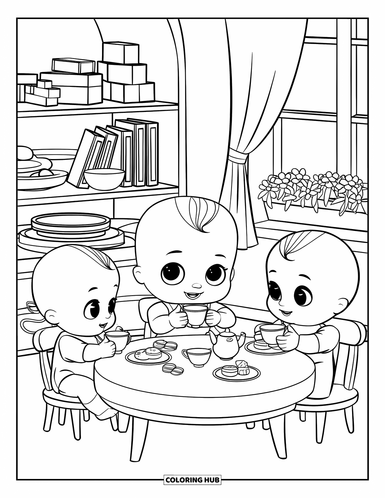 Baby Doll Coloring Page for Kids: A cheerful baby doll enjoys tea time with her toys under a sunny window