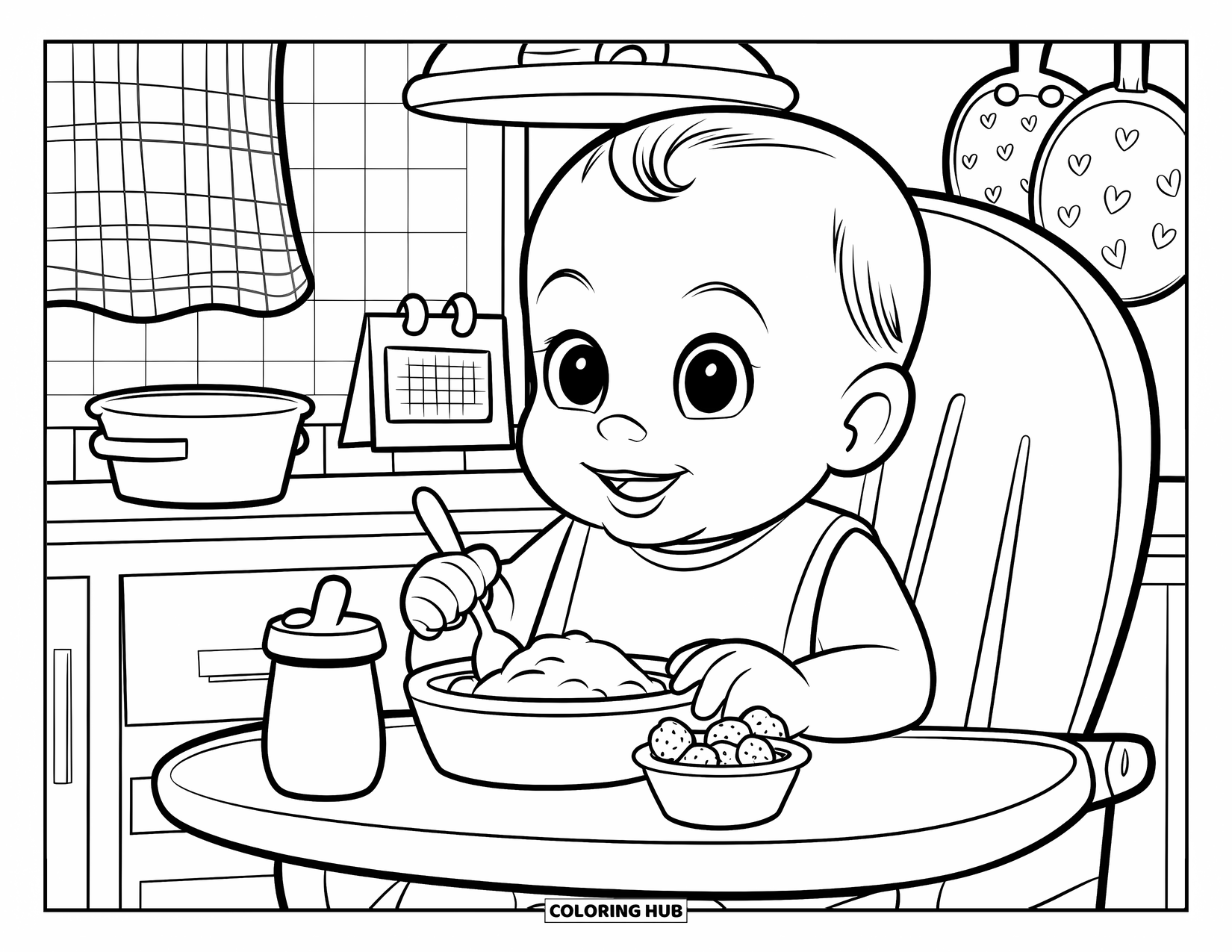 Baby Doll Coloring Page for Kids: A cheerful baby eats mashed potatoes while sitting in her kitchen high chair