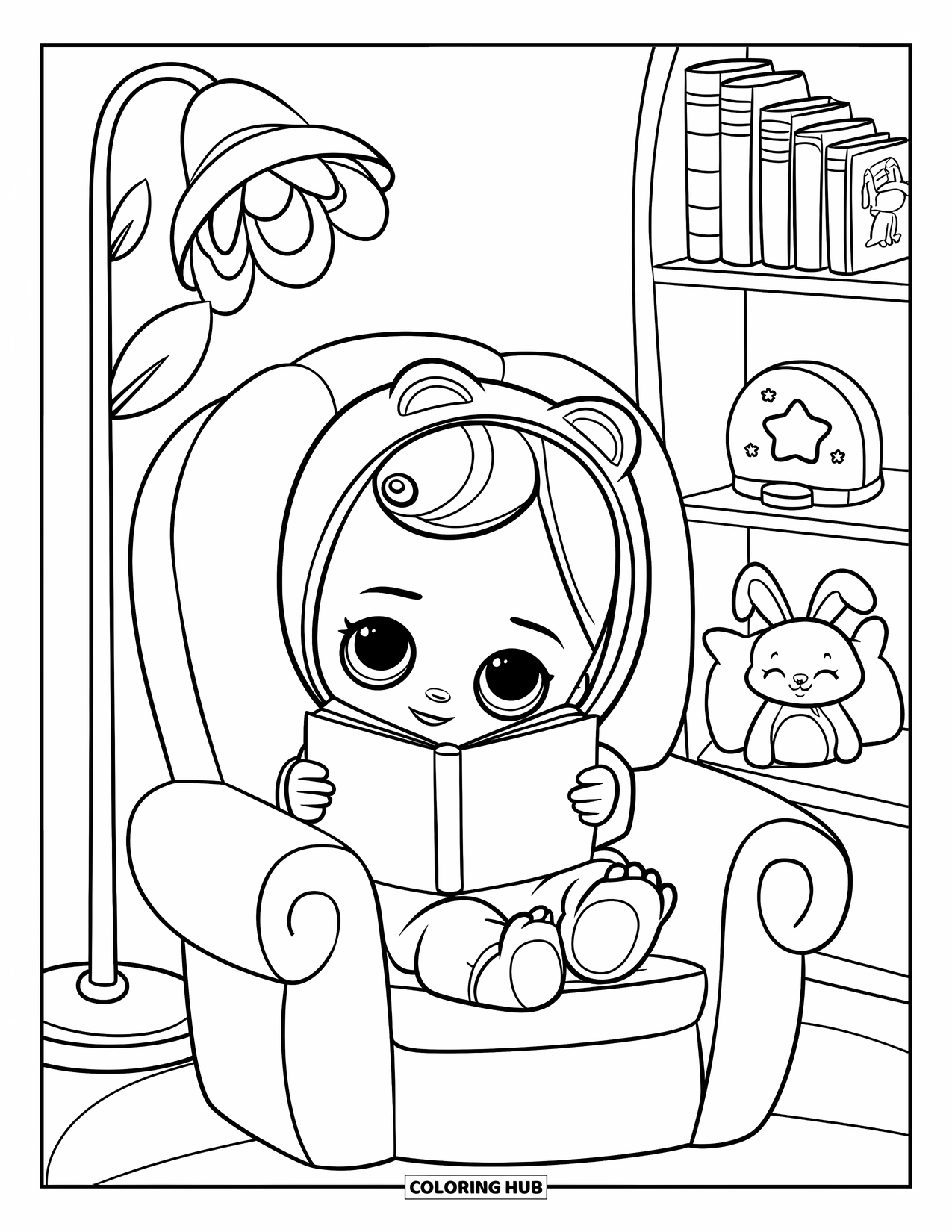 Baby Doll Coloring Page for Kids: A cozy baby doll reads her favorite story in a comfy chair with her plush toys