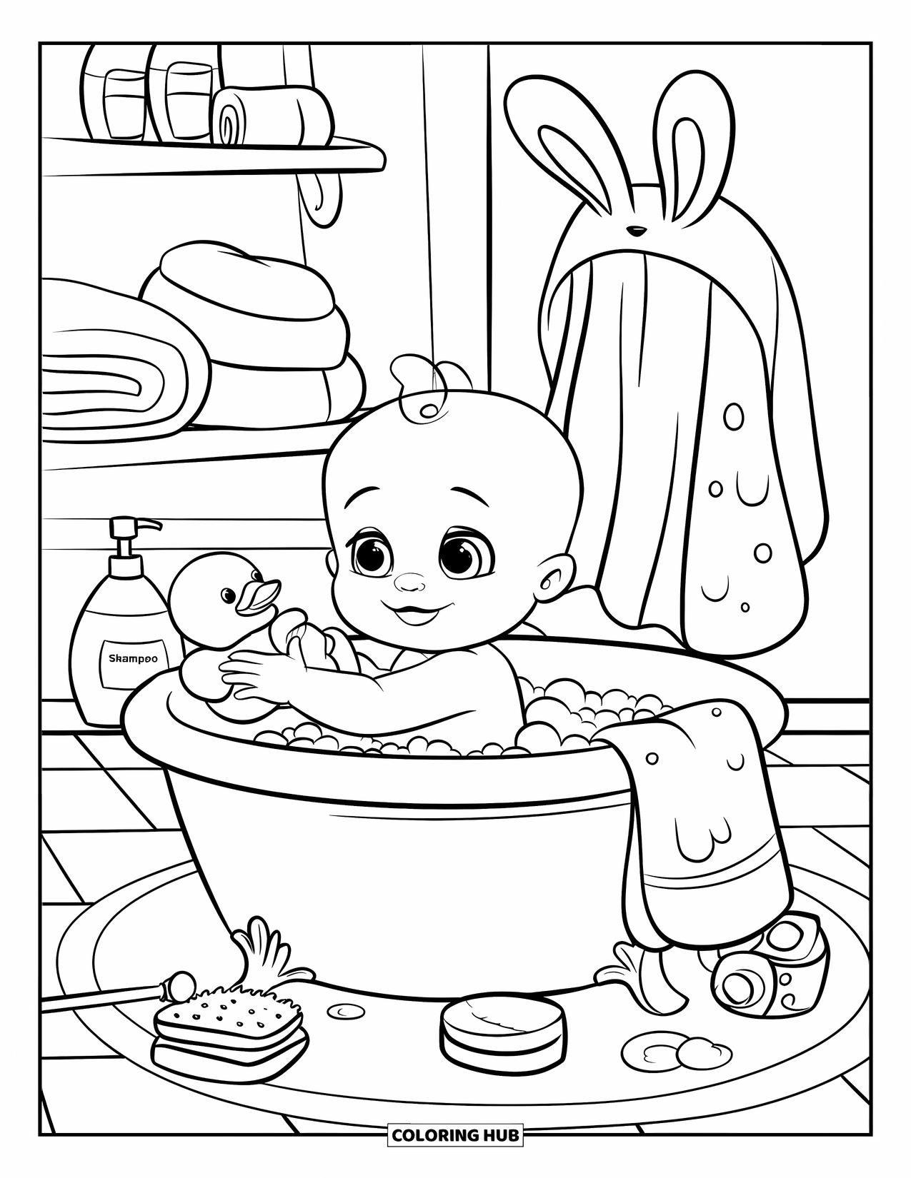 Baby Doll Coloring Page for Kids: A happy baby plays with a rubber ducky during her bubbly bath