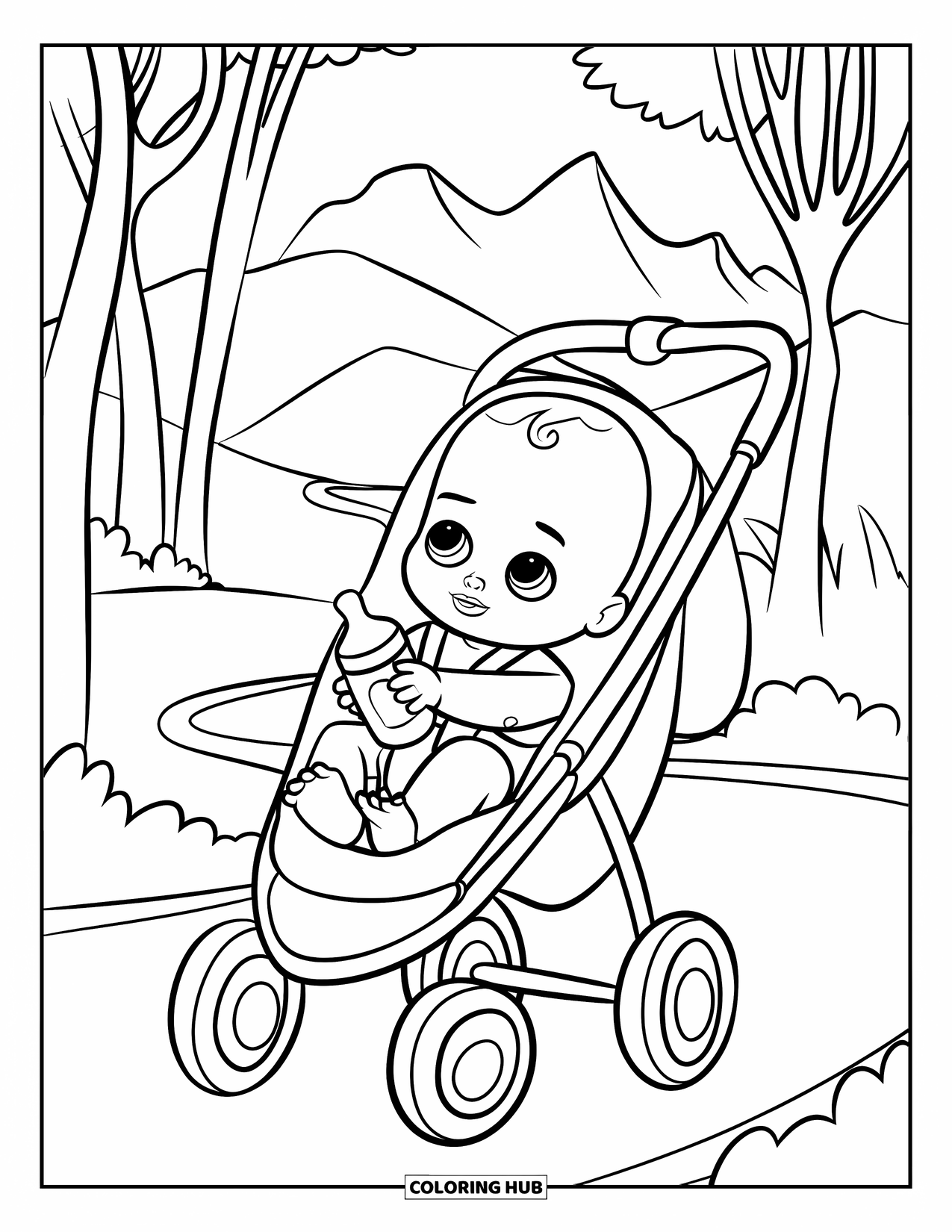 Baby Doll Coloring Page for Kids: A smiling baby doll rides in her stroller under trees and clouds