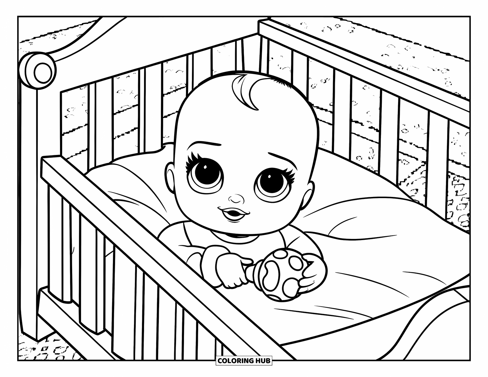 Baby Doll Coloring Page for Kids: A sweet baby doll smiles from her toy crib holding her favorite rattle