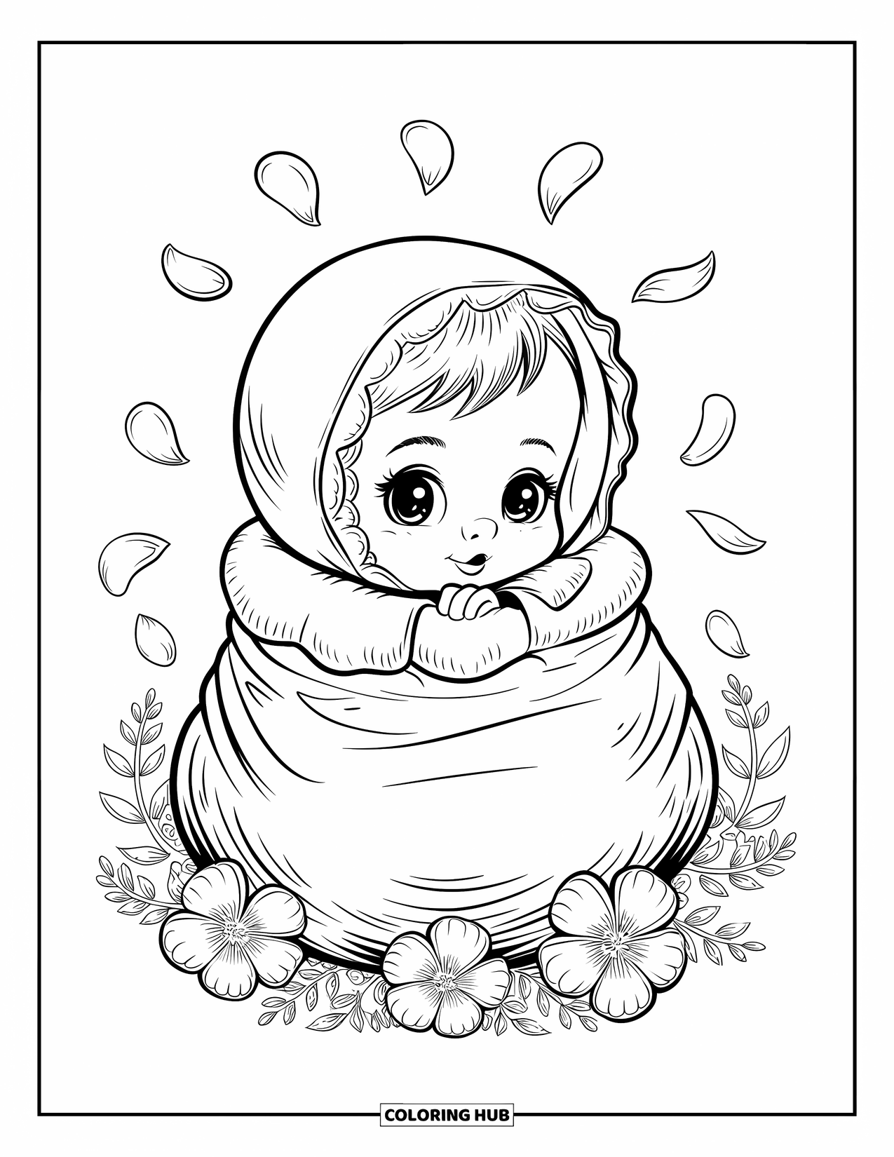 Baby Girl Coloring Page for Adults: A baby girl peeks from a soft carrier surrounded by floating petals