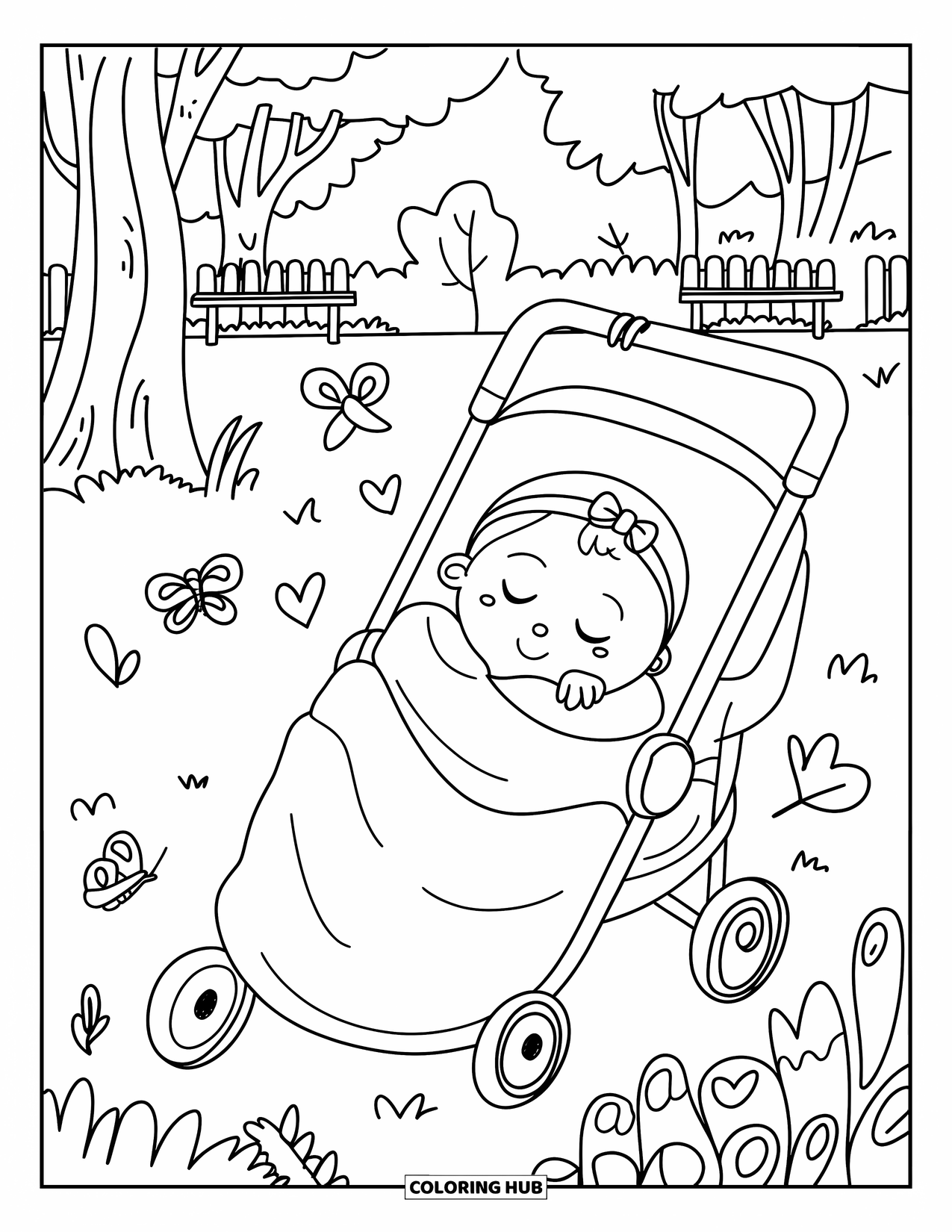 Baby Girl Coloring Page for Adults: A baby girl rests in her stroller surrounded by bows, hearts, and butterflies