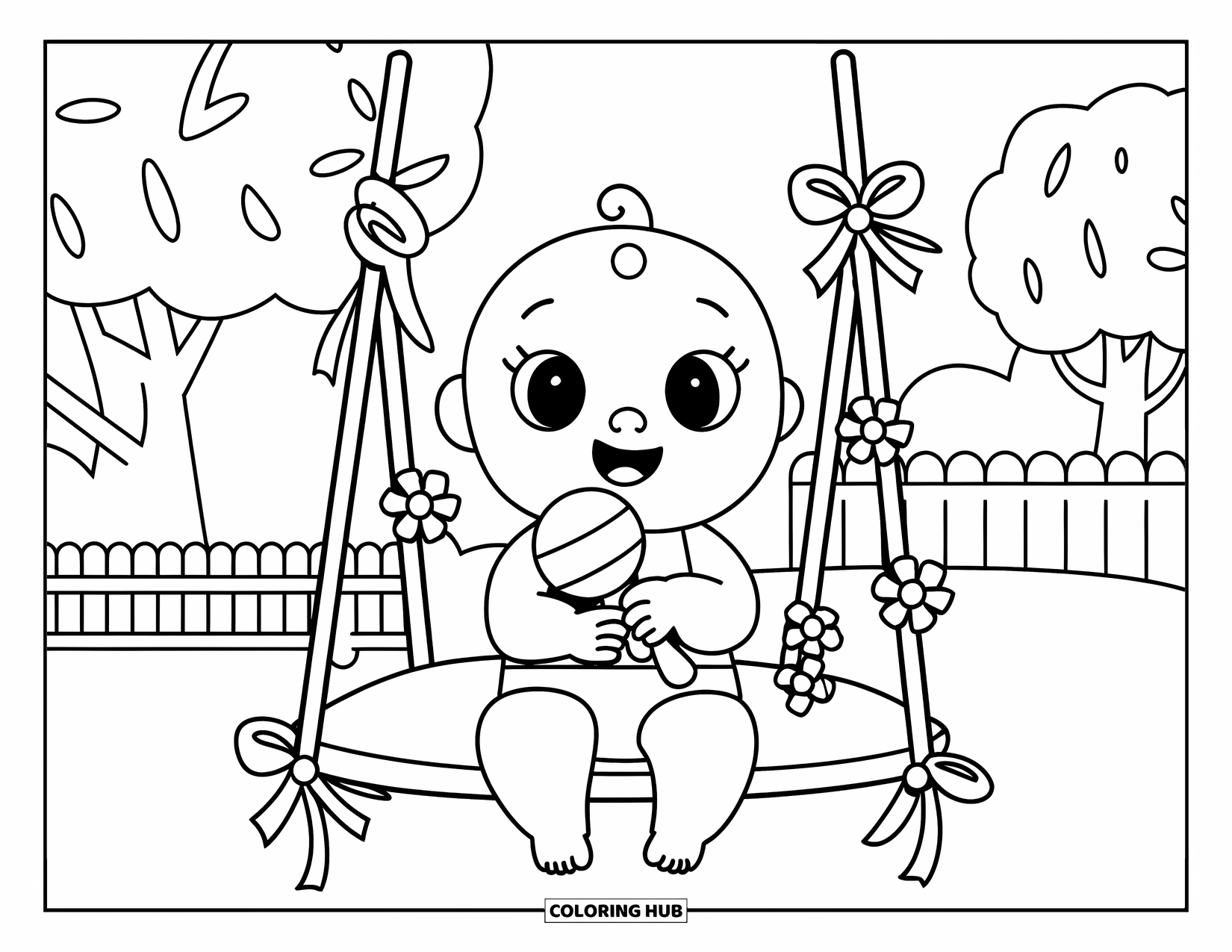 Baby Girl Coloring Page for Adults: A baby girl sits on a flowered swing holding her favorite rattle