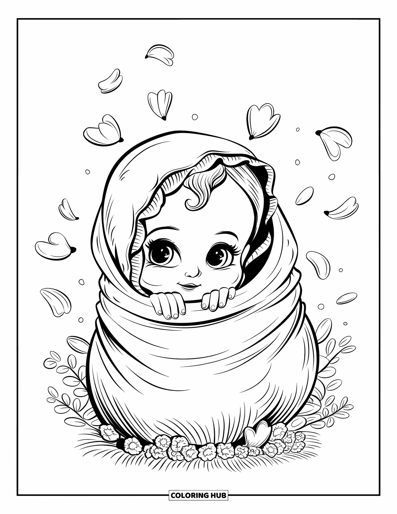 Baby Girl Coloring Page for Adults: A baby girl with a tilted bonnet peeks from her carrier amid petals