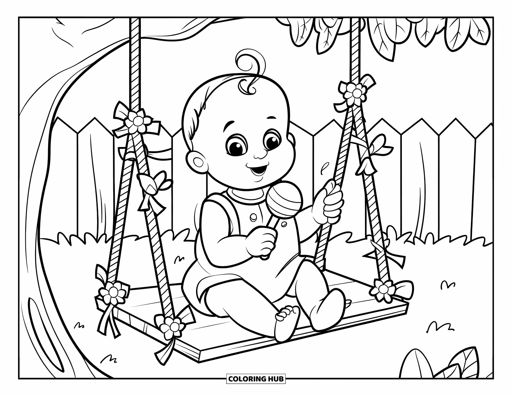 Baby Girl Coloring Page for Adults: A cheerful baby girl swings beneath a tree holding her favorite rattle