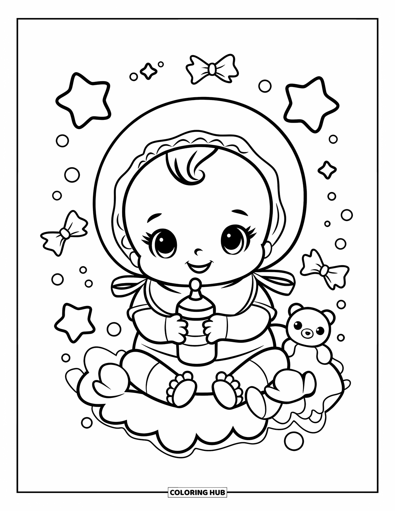Baby Girl Coloring Page for Adults: A cute baby girl with a bib holds a bottle among stars and bows