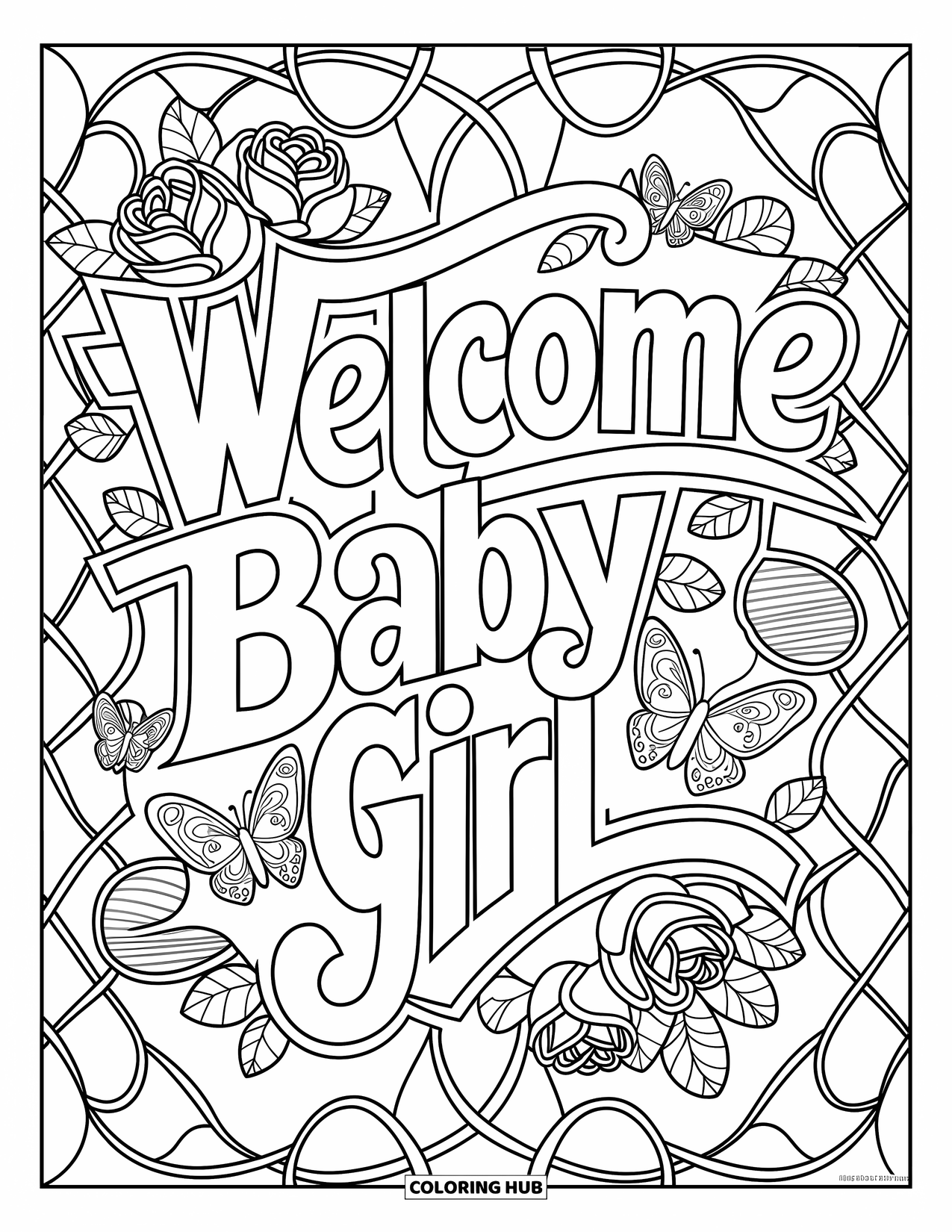 Baby Girl Coloring Page for Adults: A floral ìWelcome Baby Girlî design with roses, vines, and butterflies