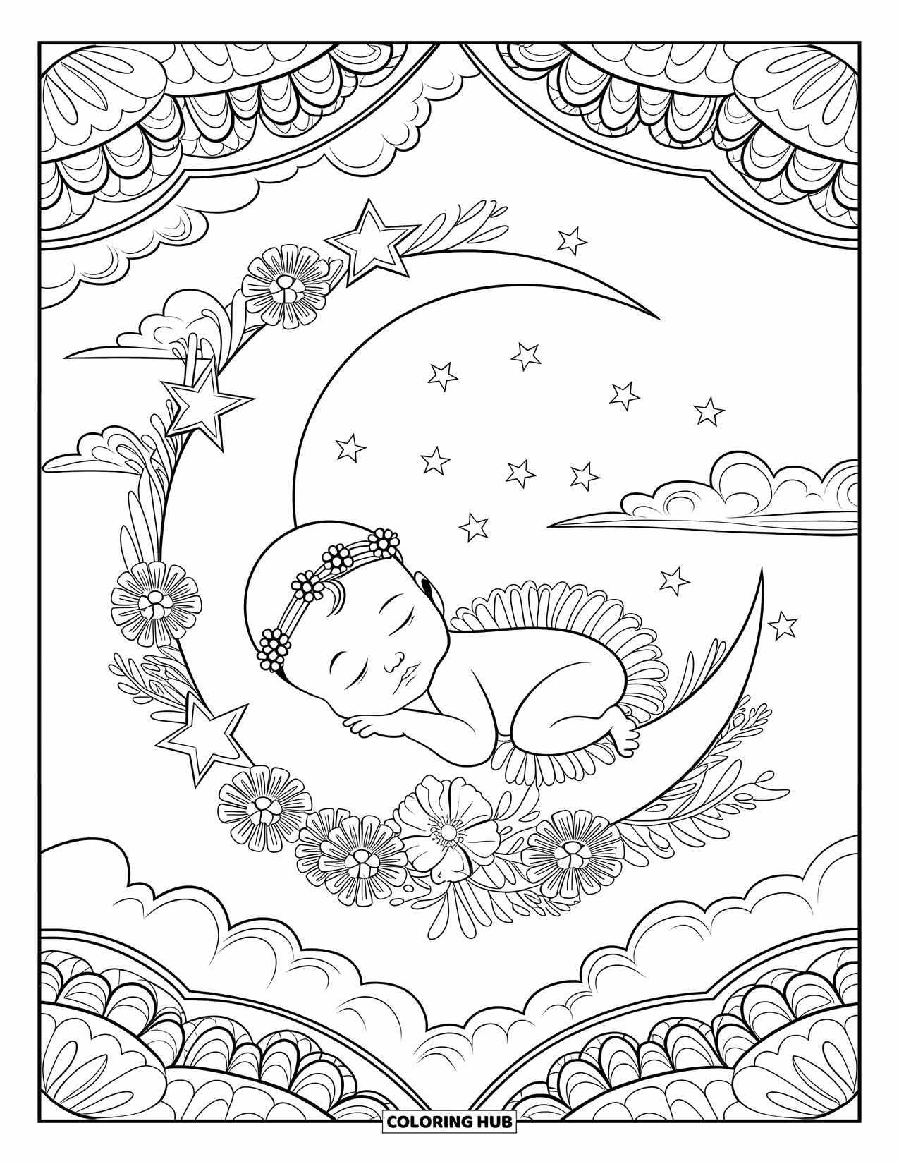 Baby Girl Coloring Page for Adults: A sleeping baby rests within a crescent moon adorned with stars and flowers