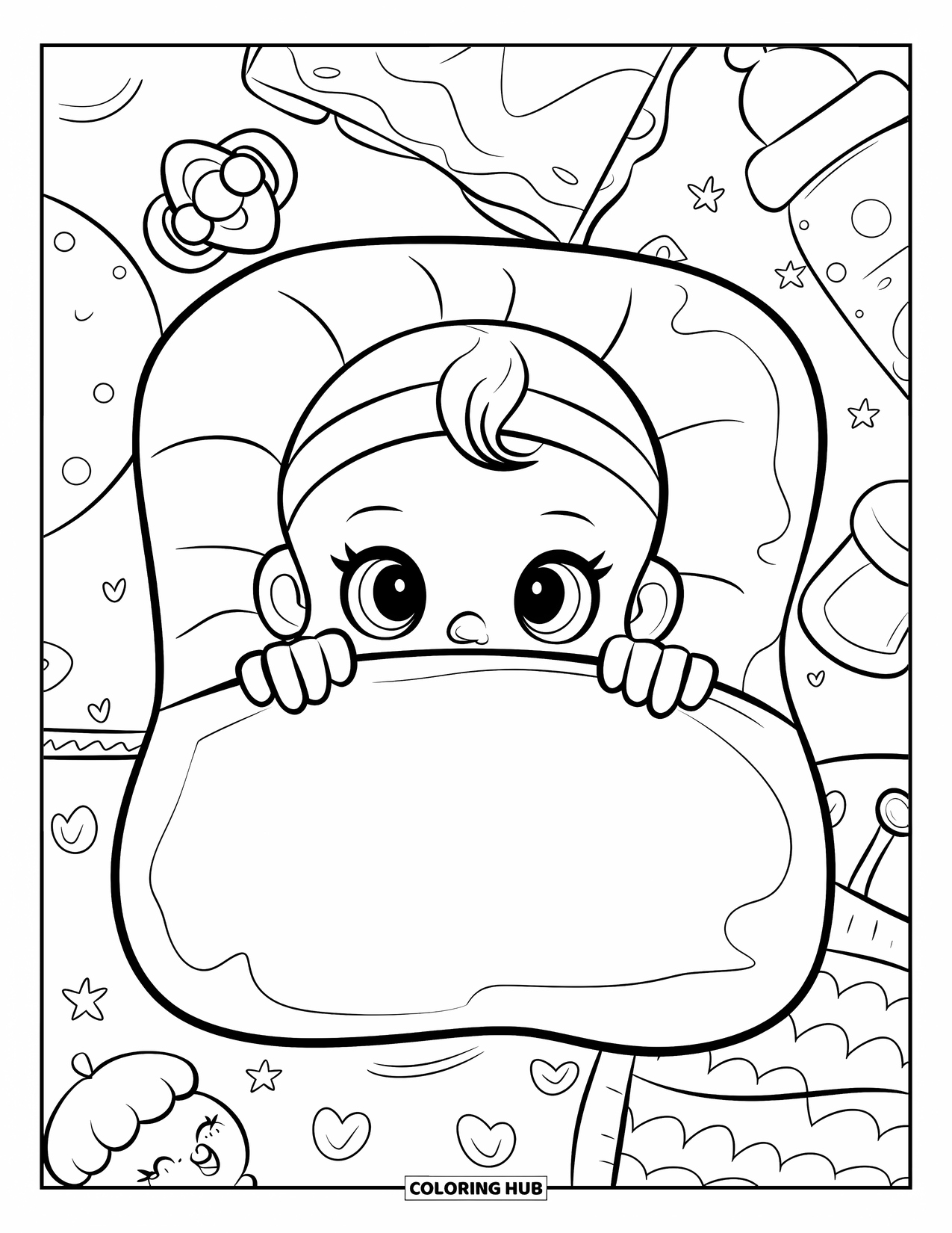 Baby Girl Coloring Page for Adults: A smiling baby girl hides behind a pillow surrounded by small toys